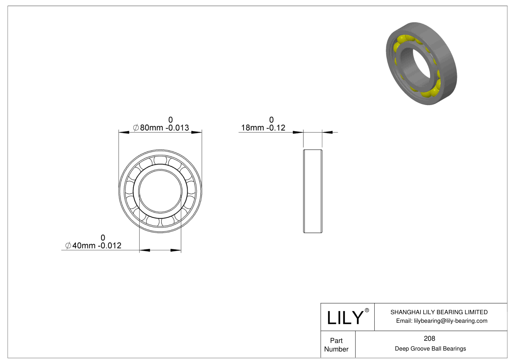 208SZZ-HYB#1 Single Row Deep Groove Ball Bearings cad drawing