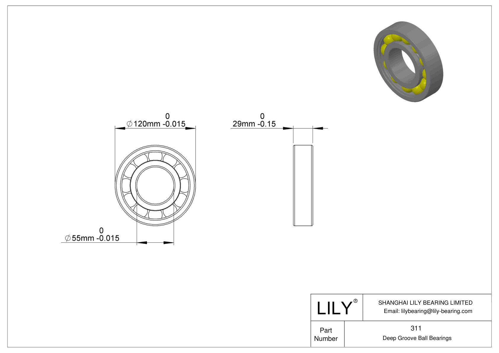 311SFF-HYB#1 Single Row Deep Groove Ball Bearings cad drawing