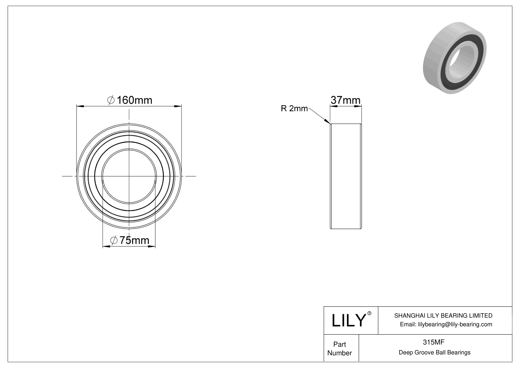 315MF Single Row Deep Groove Ball Bearings cad drawing