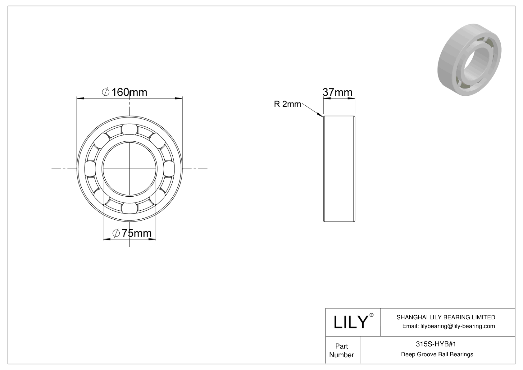 315S-HYB#1 Single Row Deep Groove Ball Bearings cad drawing