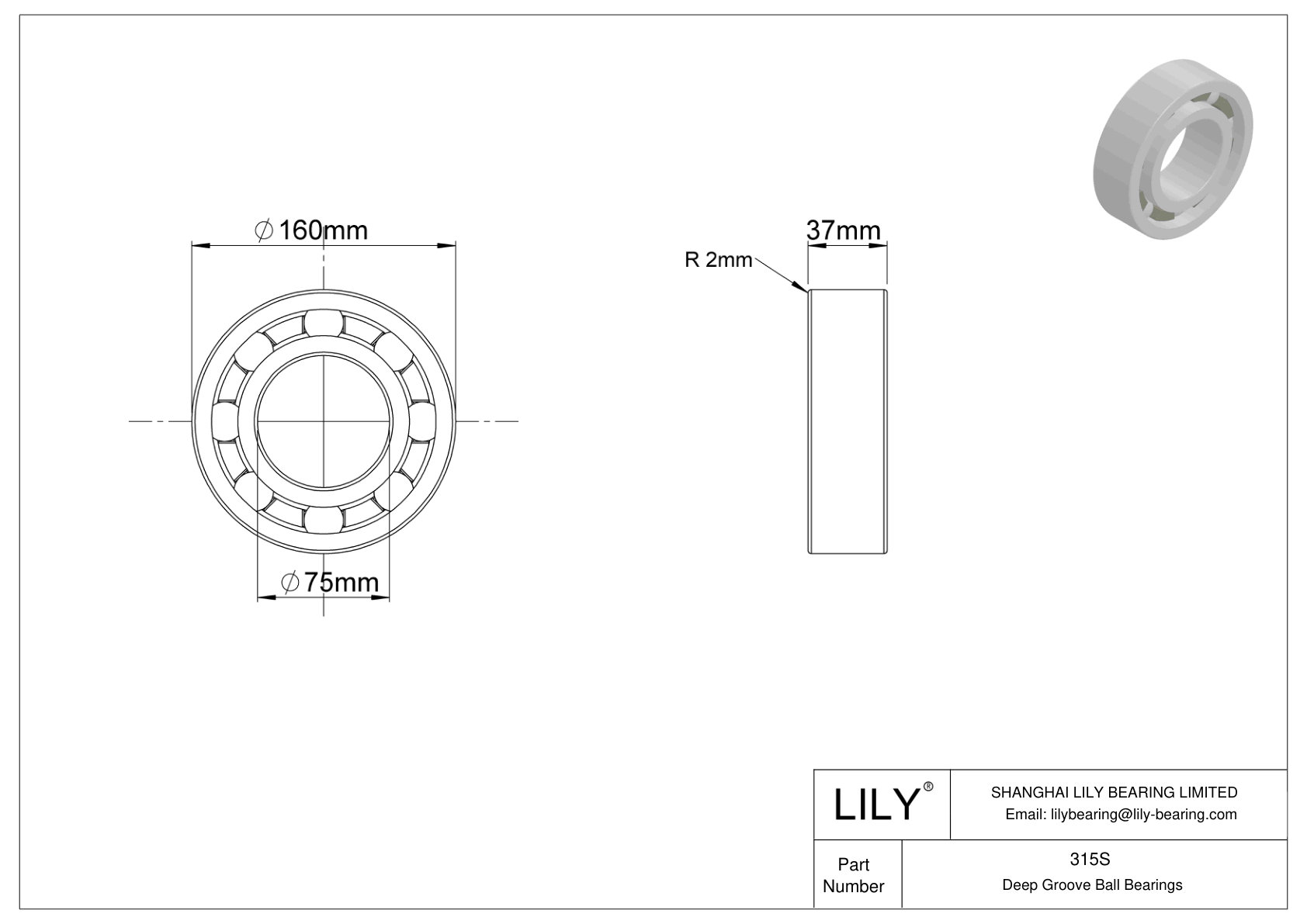 315S Single Row Deep Groove Ball Bearings cad drawing