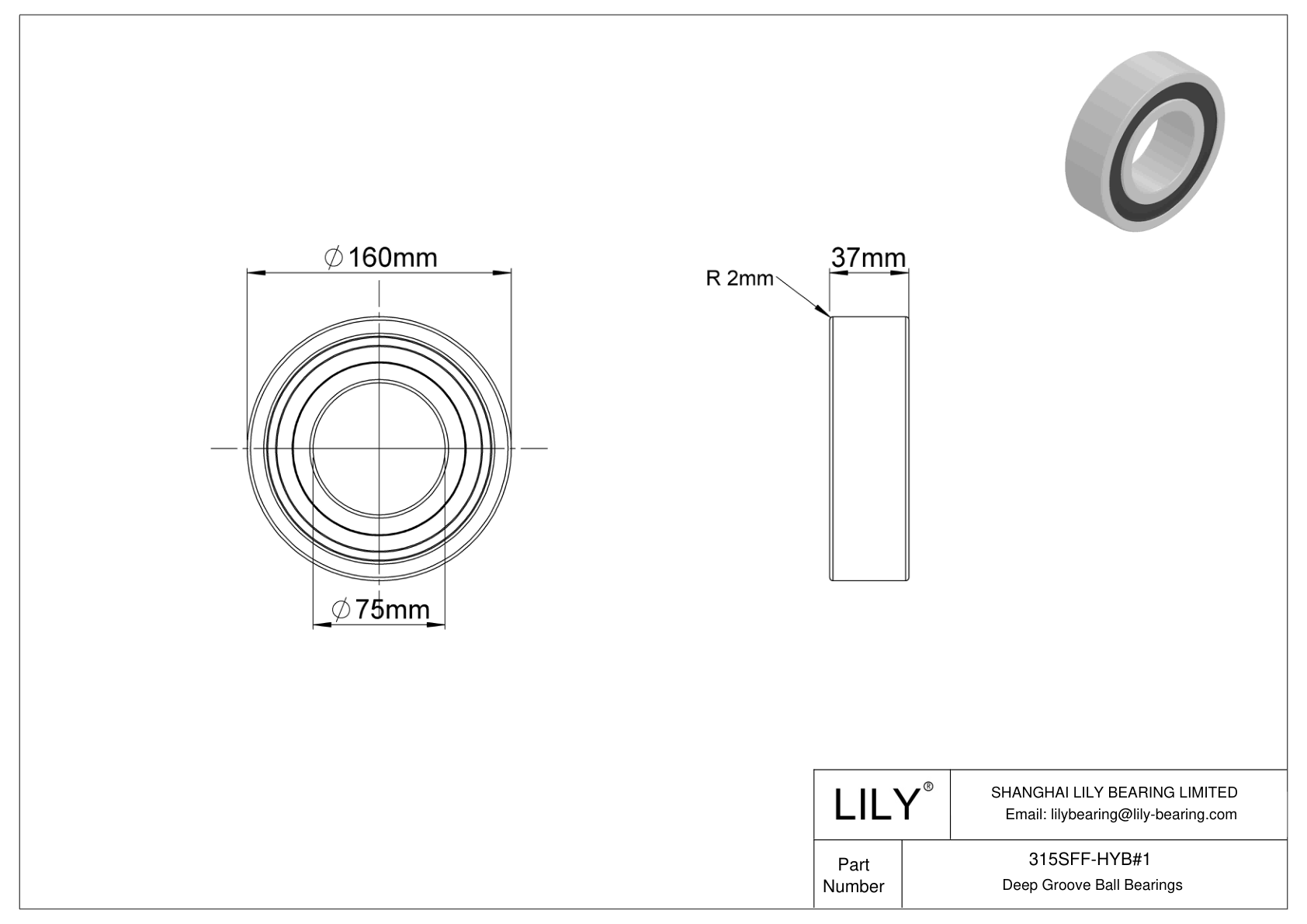 315SFF-HYB#1 Single Row Deep Groove Ball Bearings cad drawing