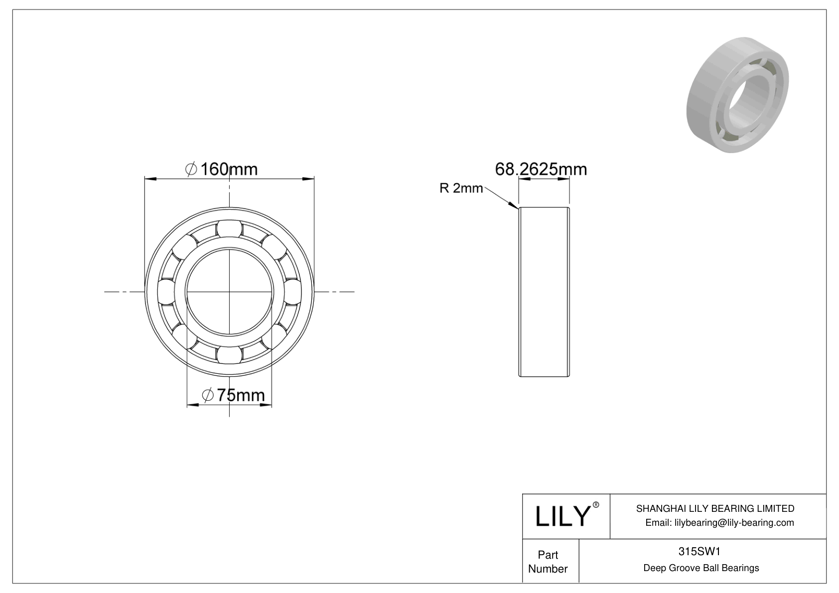 315SW1 Single Row Deep Groove Ball Bearings cad drawing