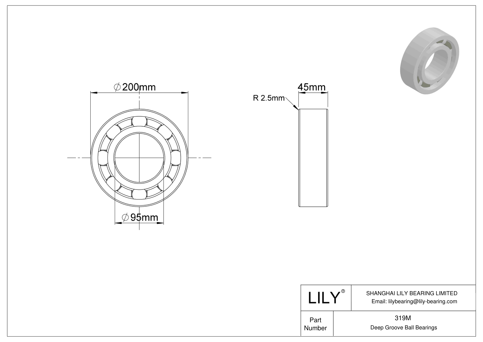 319M Single Row Deep Groove Ball Bearings cad drawing