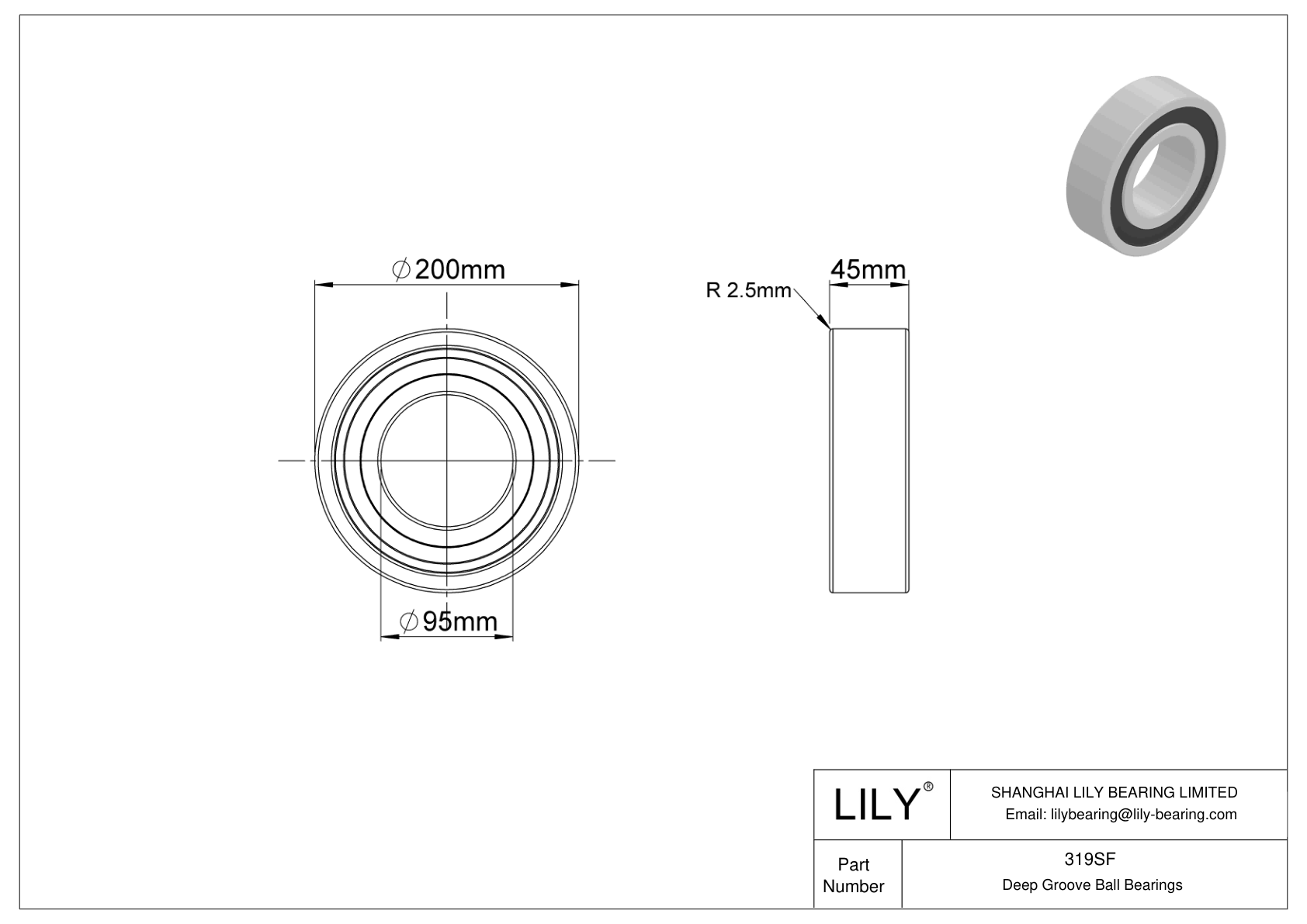 319SF Single Row Deep Groove Ball Bearings cad drawing