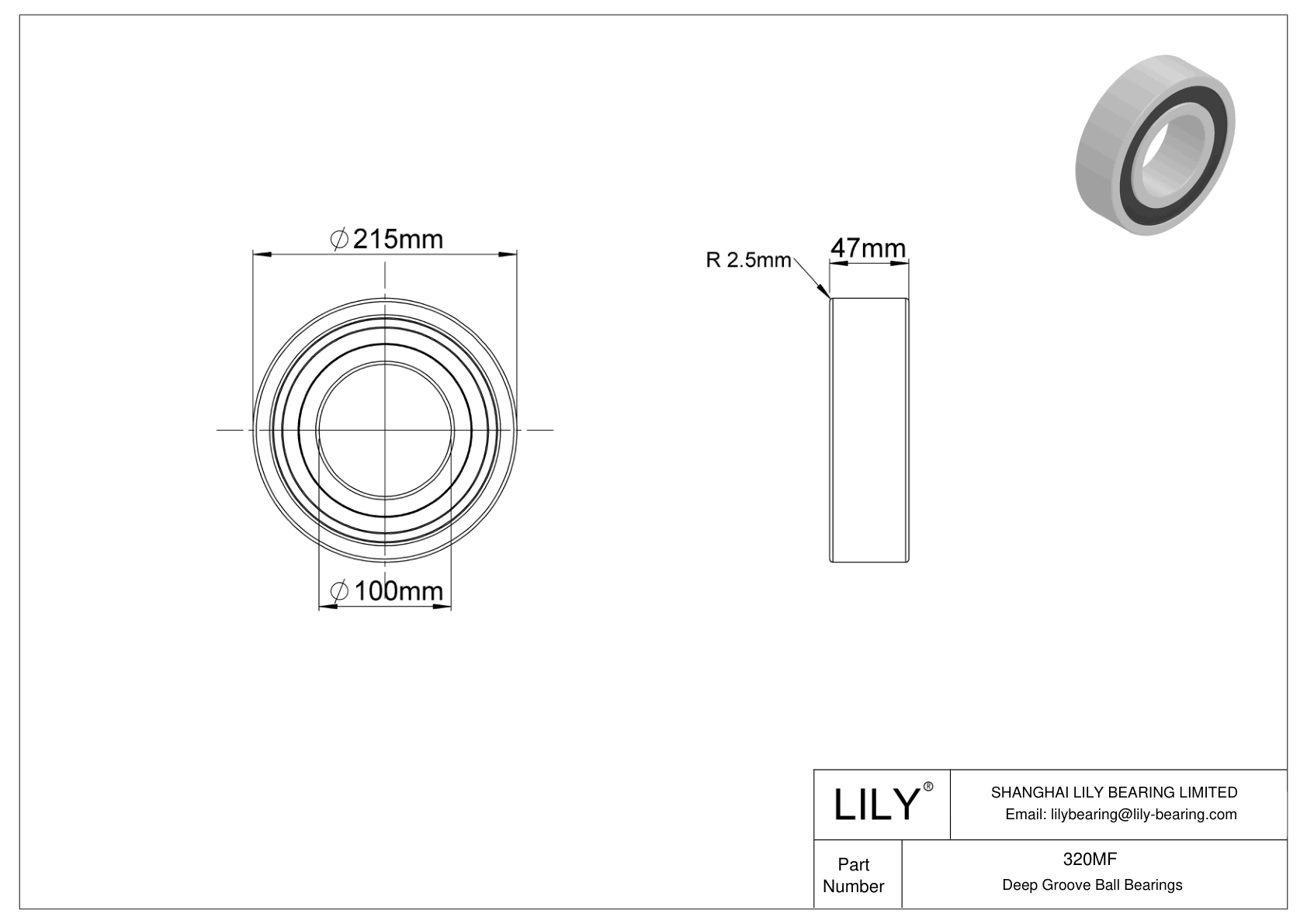 320MF Single Row Deep Groove Ball Bearings cad drawing