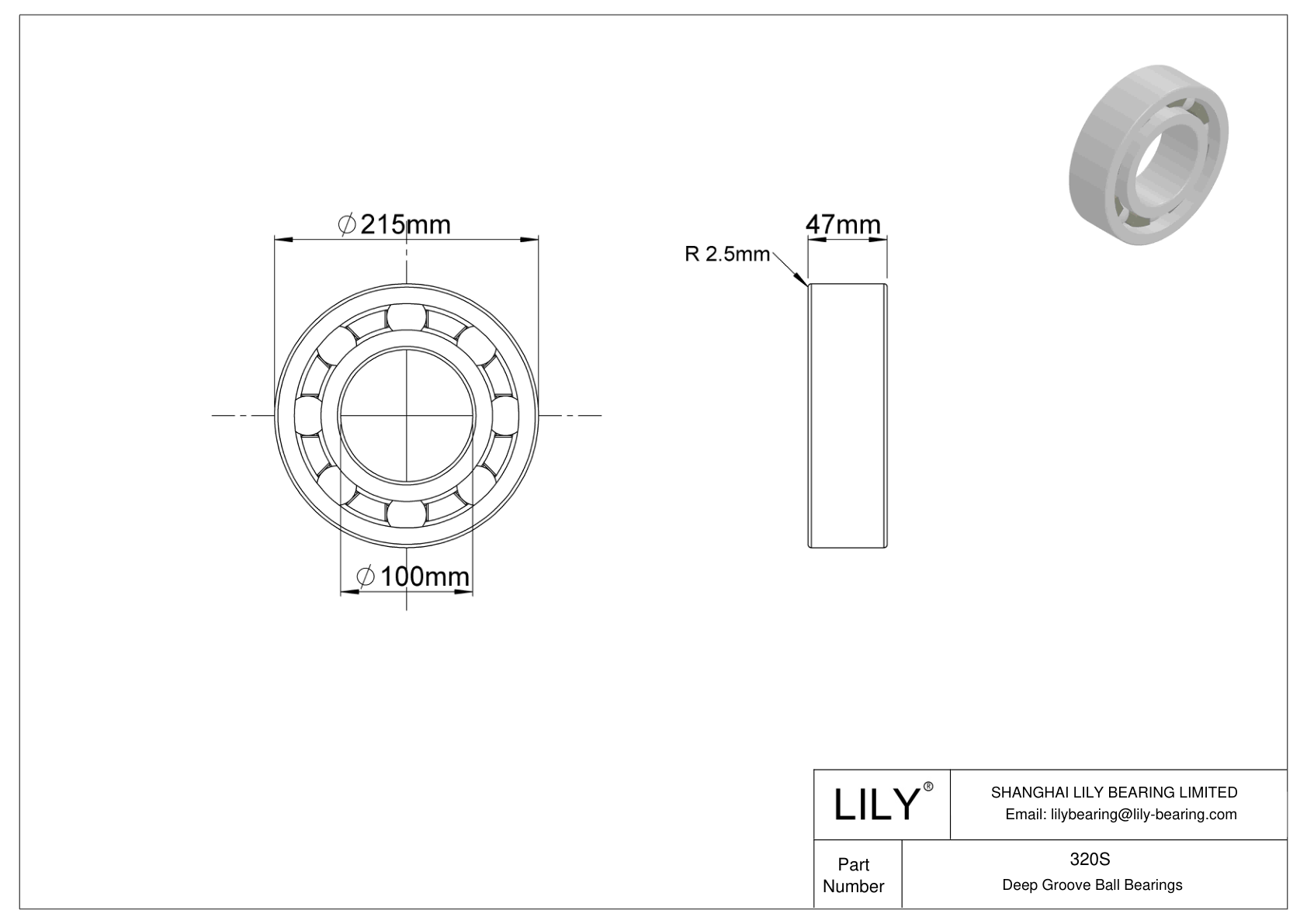 320S Single Row Deep Groove Ball Bearings cad drawing