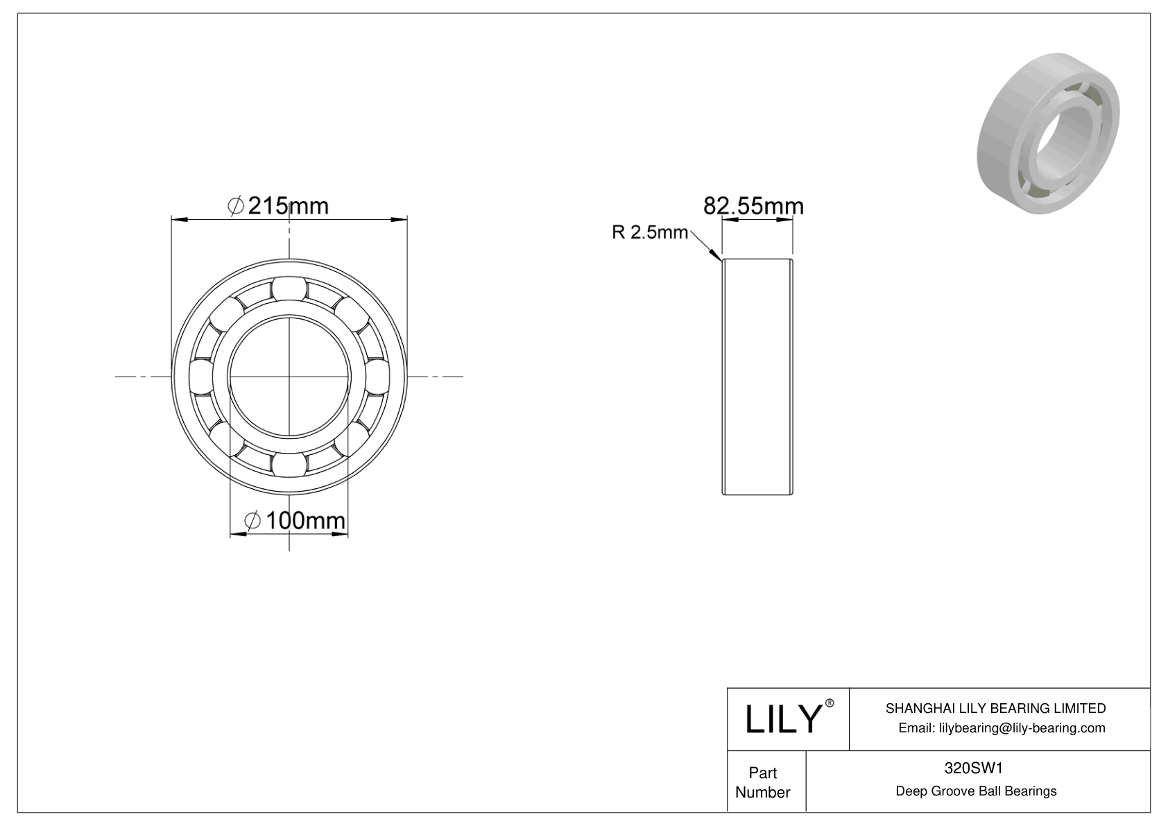 320SW1 Single Row Deep Groove Ball Bearings cad drawing