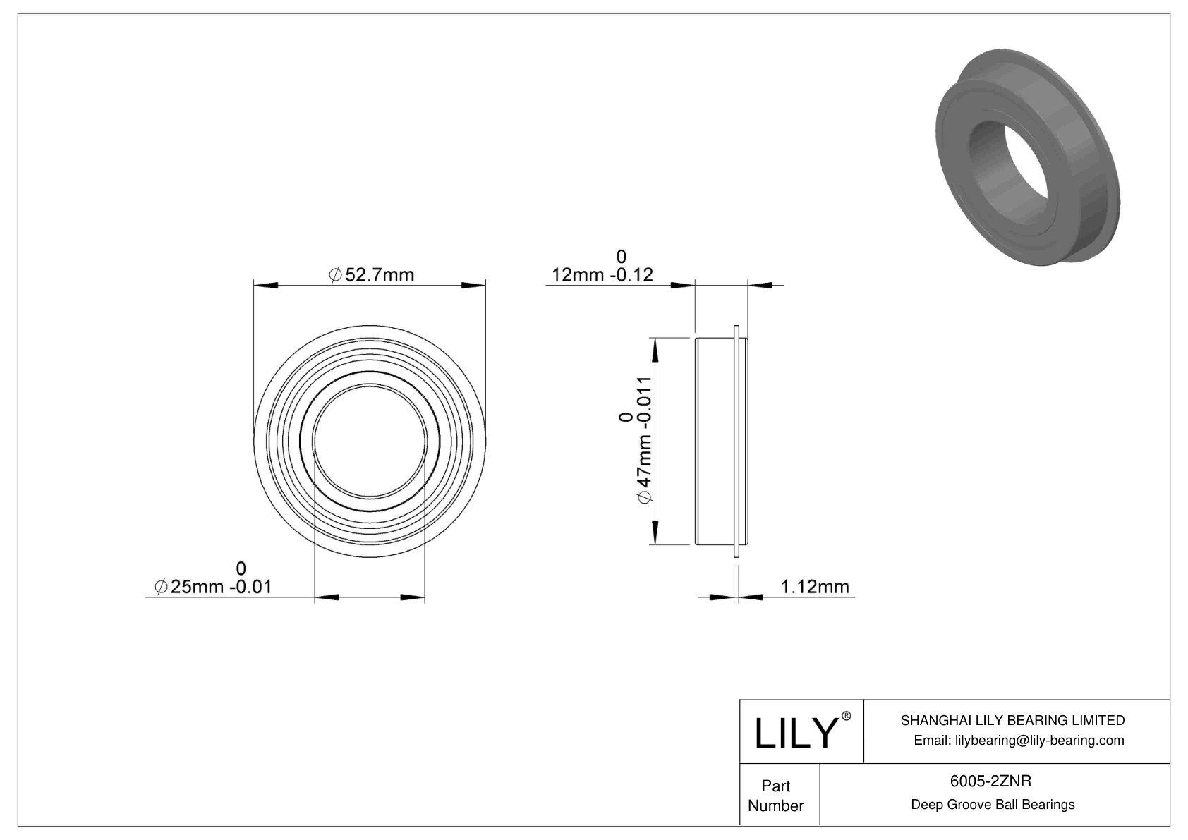 6005-2ZNR Snap Ring Groove Ball Bearing cad drawing