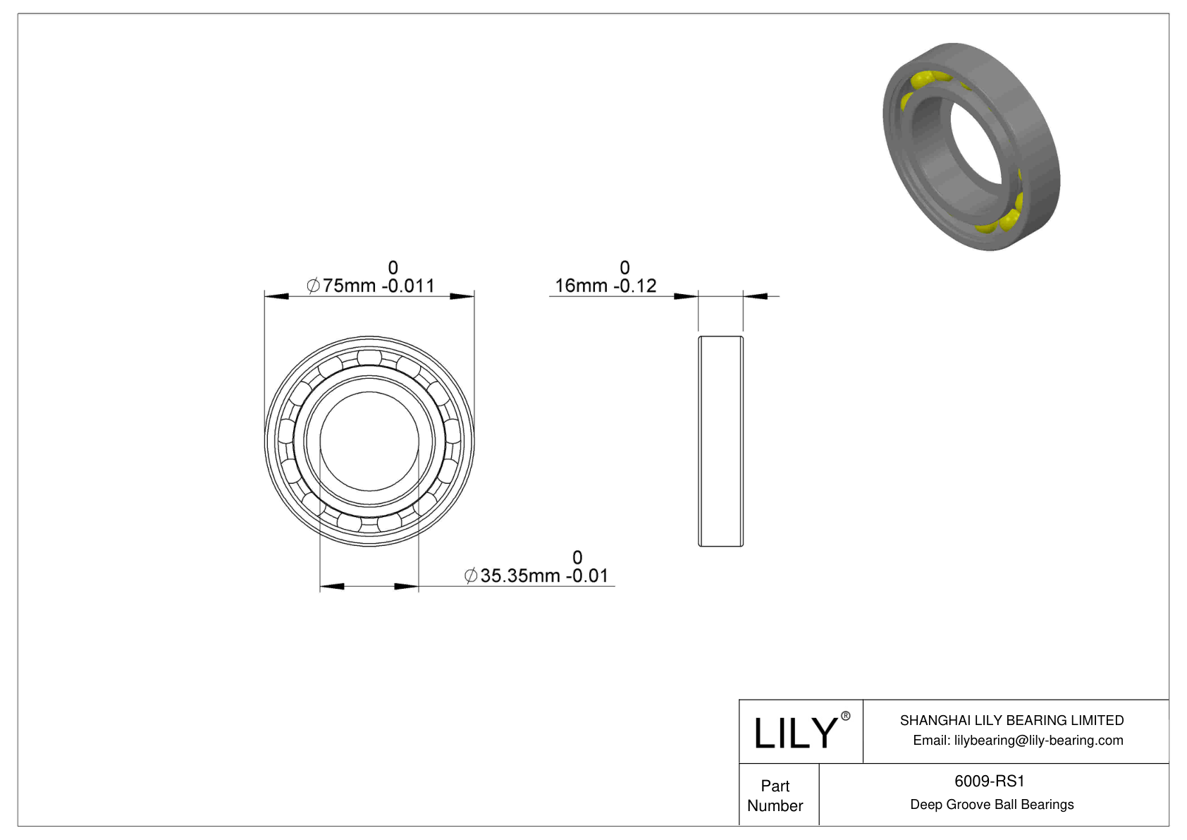 6009-RS1 Single Row Deep Groove Ball Bearings cad drawing