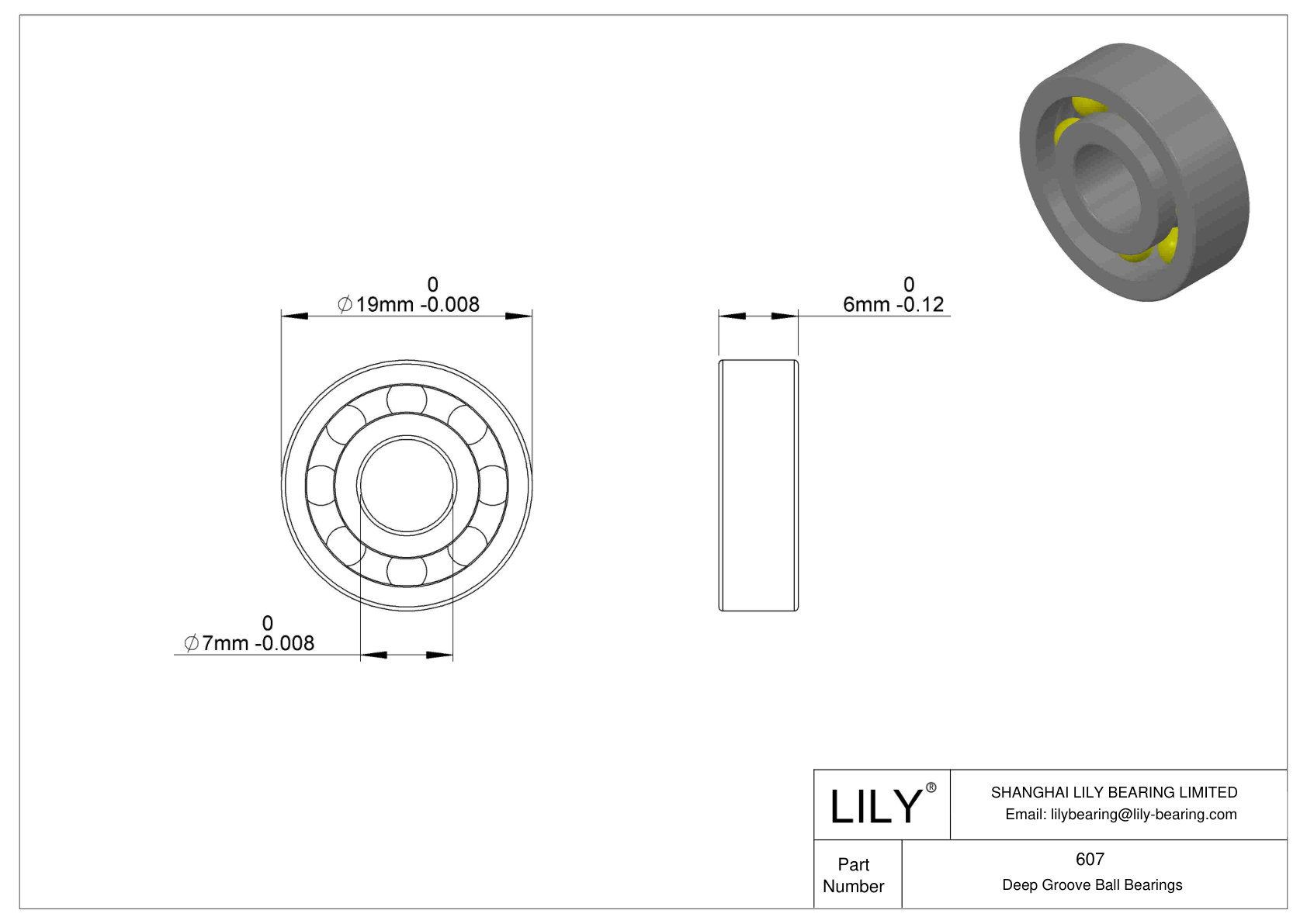 607 Single Row Deep Groove Ball Bearings cad drawing