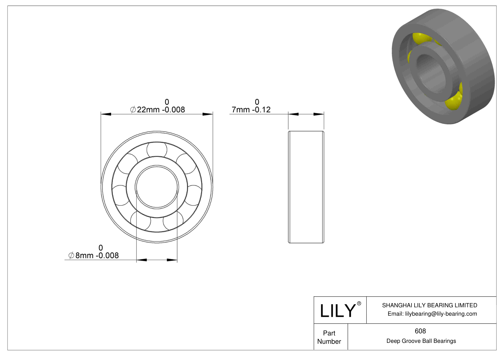 608 Single Row Deep Groove Ball Bearings cad drawing