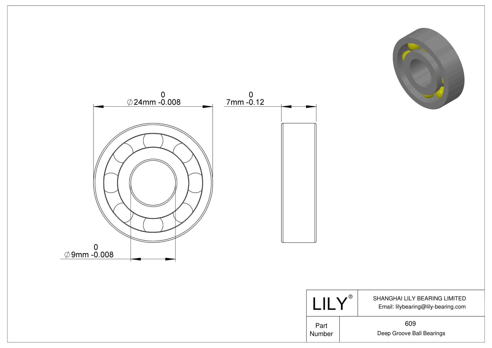 609 Single Row Deep Groove Ball Bearings cad drawing