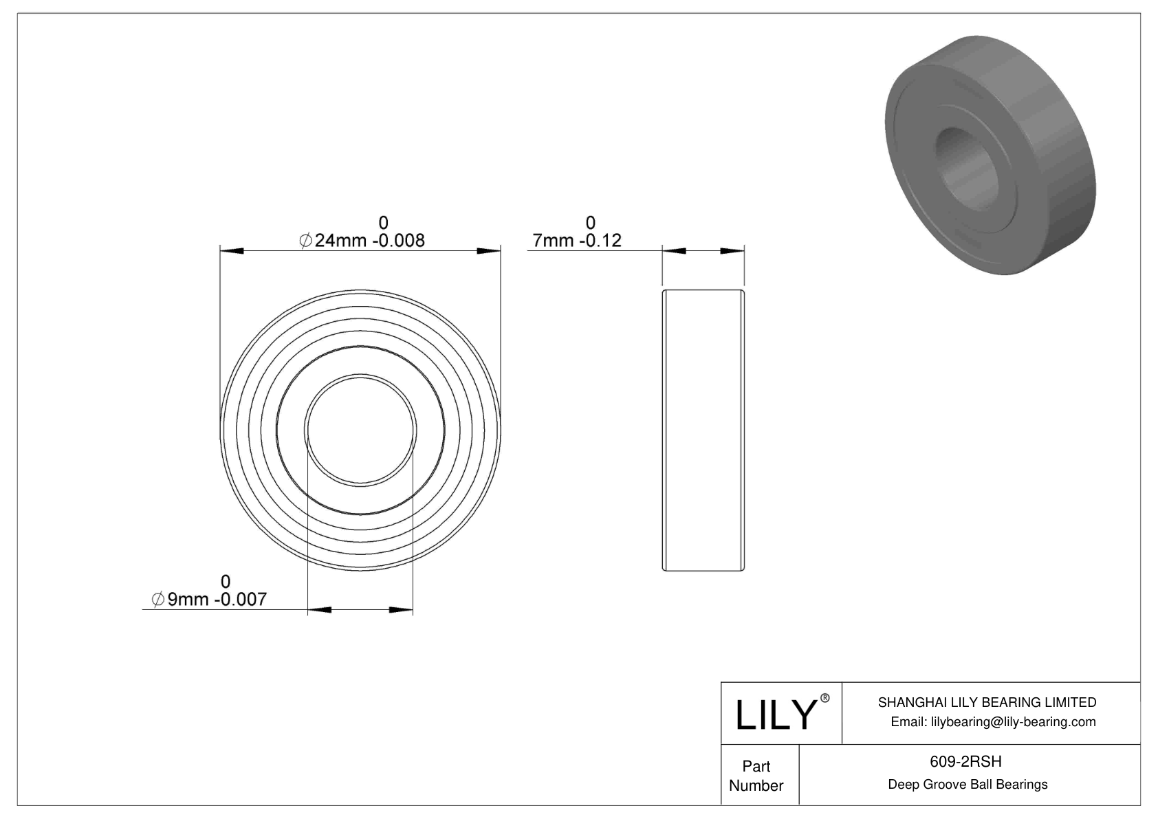 609-2RSH Single Row Deep Groove Ball Bearings cad drawing