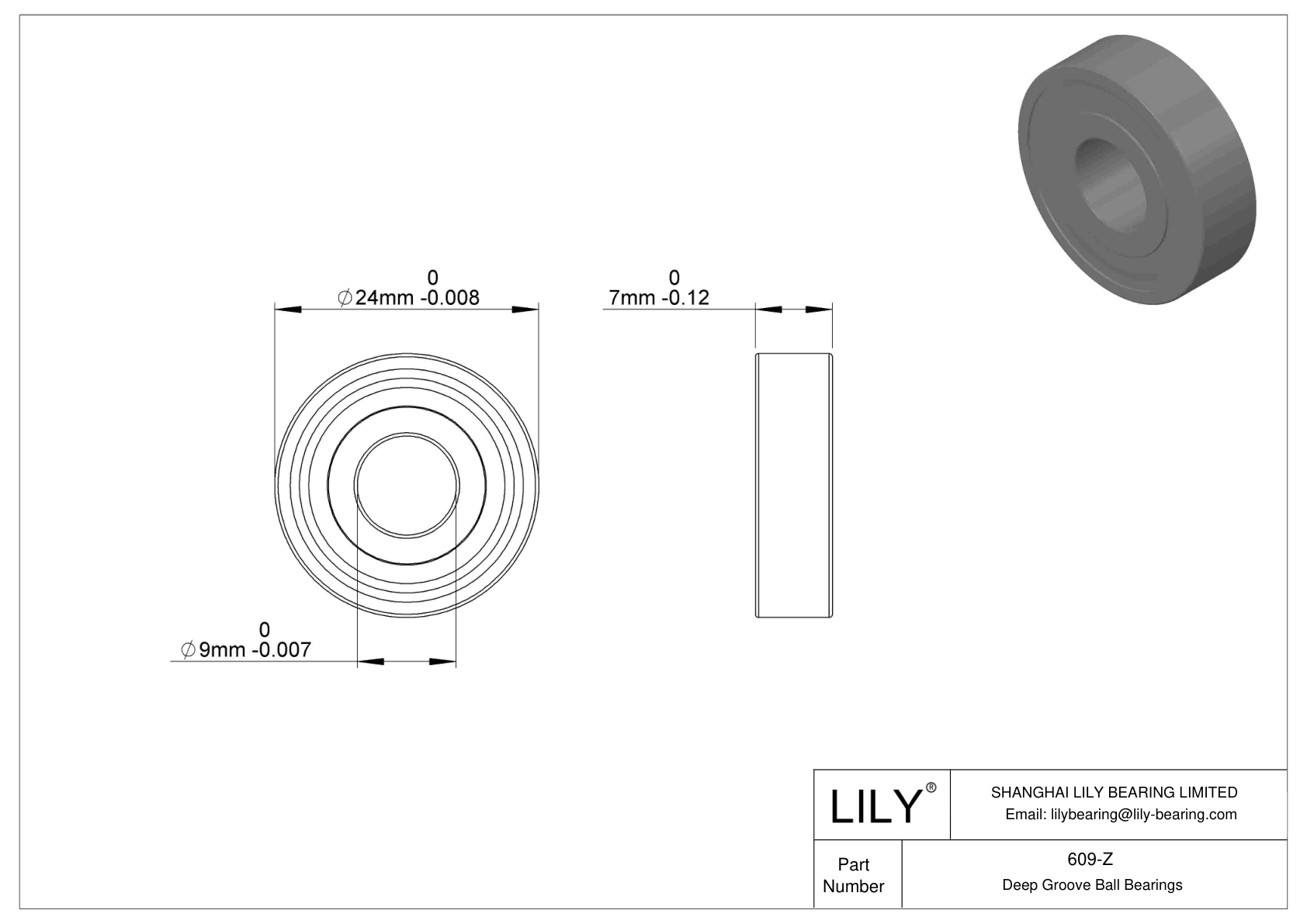 609-Z Single Row Deep Groove Ball Bearings cad drawing