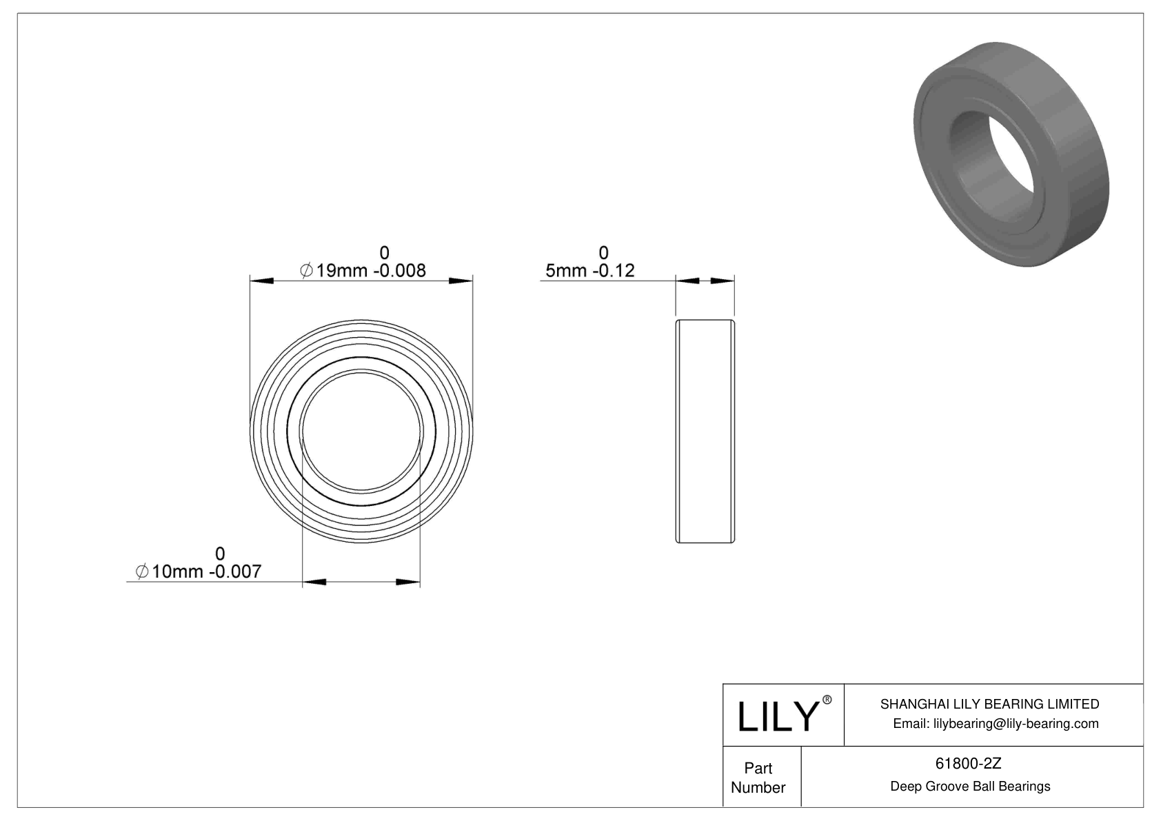 61800-2Z Single Row Deep Groove Ball Bearings cad drawing