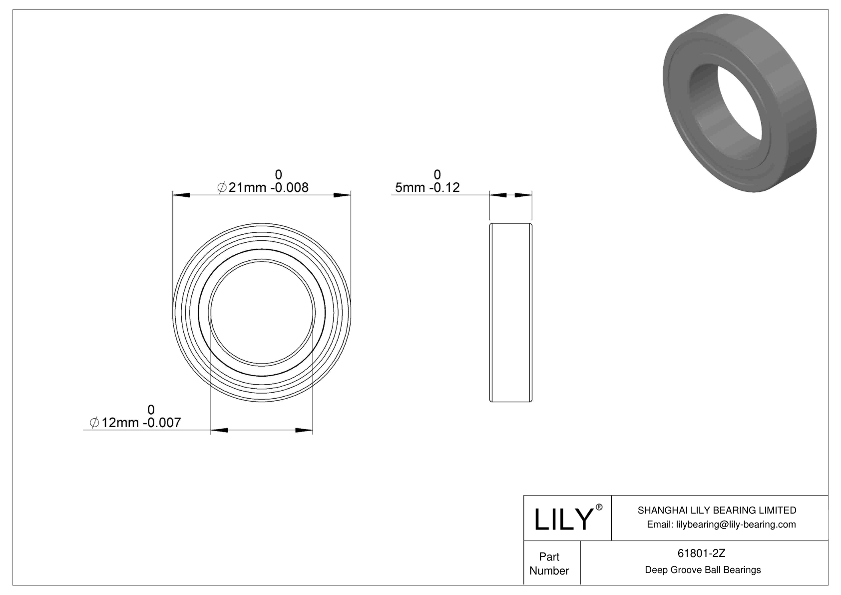 61801-2Z Single Row Deep Groove Ball Bearings cad drawing