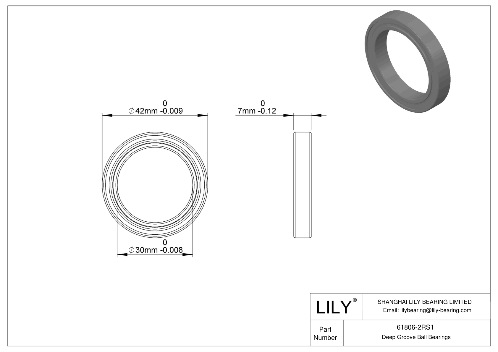 61806-2RS1 Single Row Deep Groove Ball Bearings cad drawing