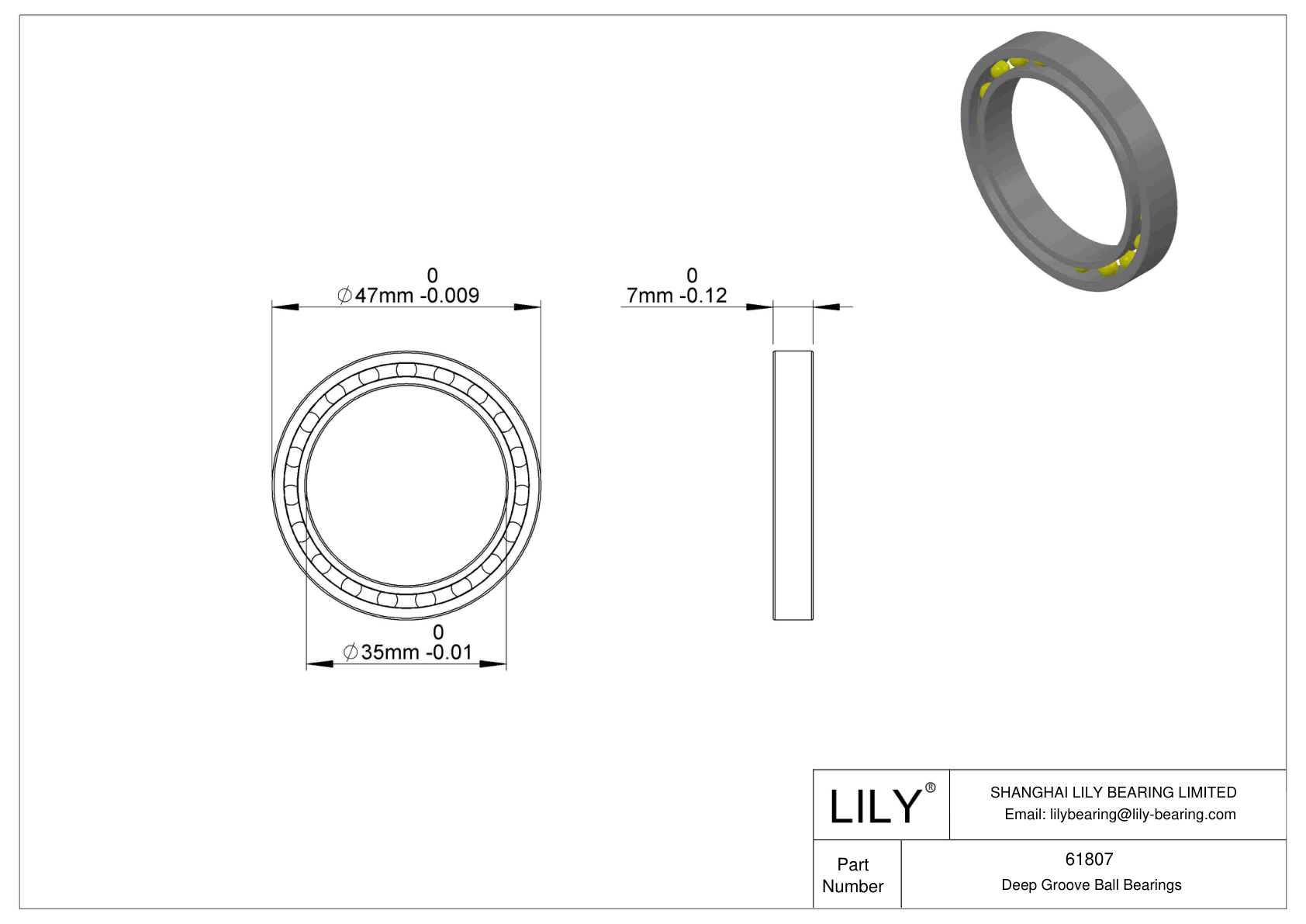 61807 Single Row Deep Groove Ball Bearings cad drawing