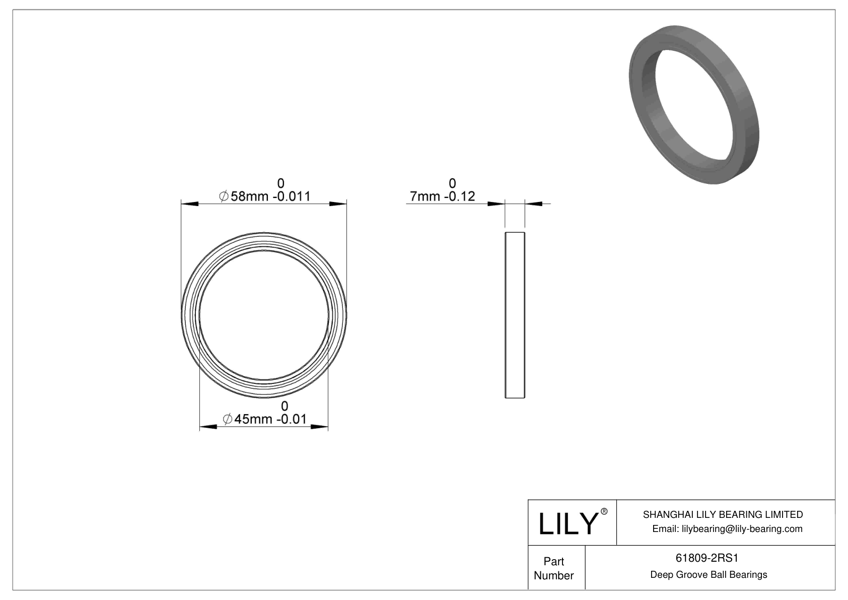 61809-2RS1 Single Row Deep Groove Ball Bearings cad drawing