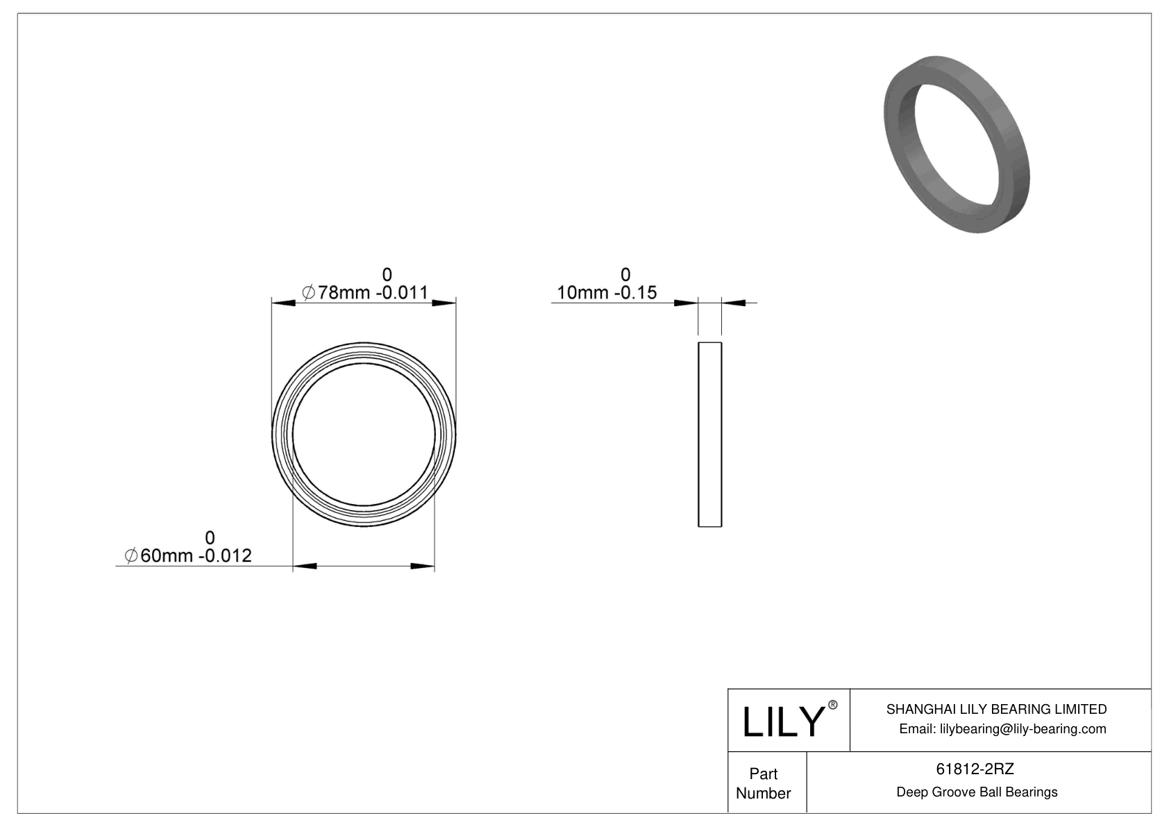 61812-2RZ Single Row Deep Groove Ball Bearings cad drawing