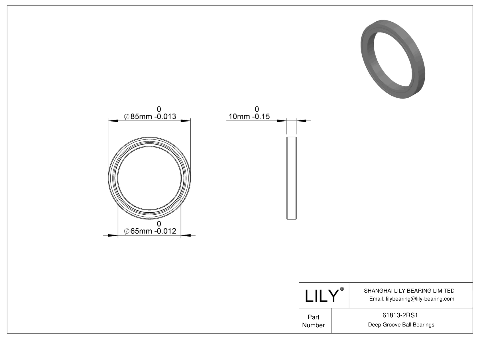 61813-2RS1 Single Row Deep Groove Ball Bearings cad drawing