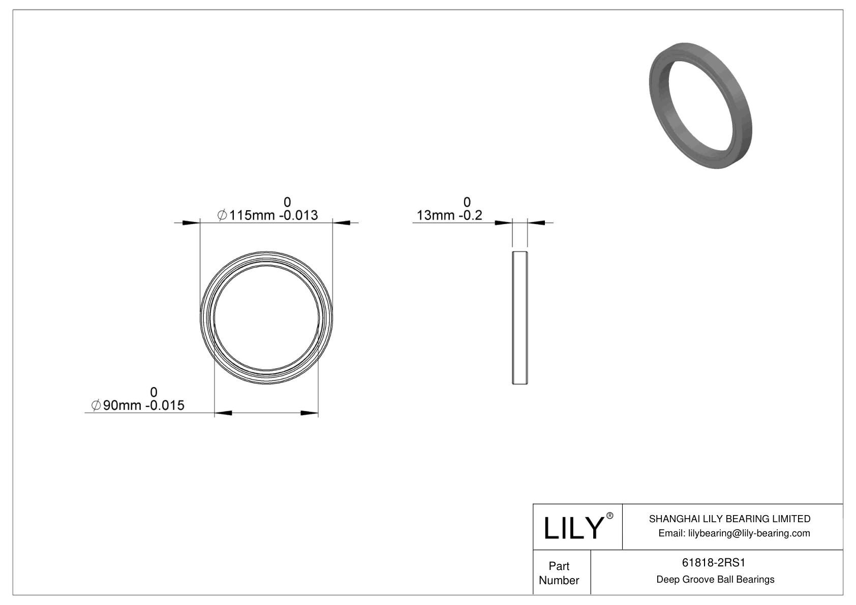 61818-2RS1 Single Row Deep Groove Ball Bearings cad drawing