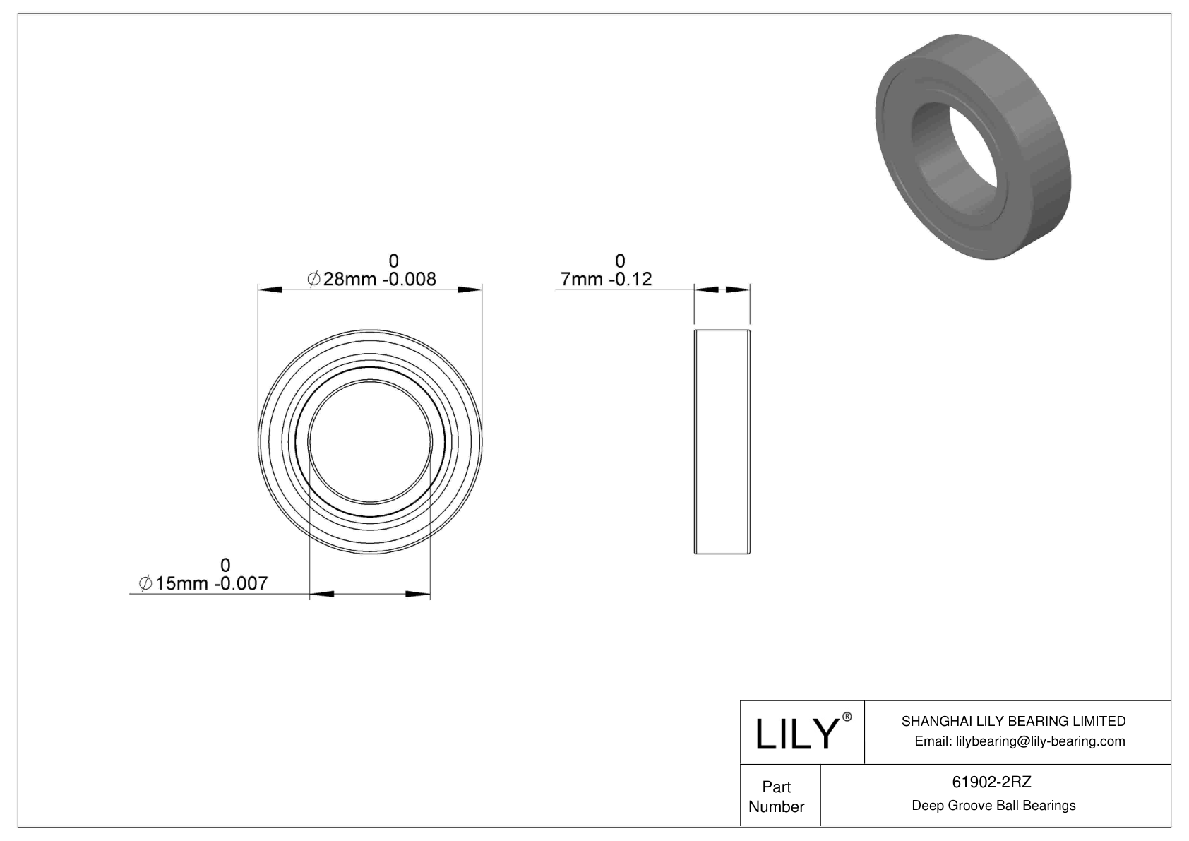 61902-2RZ Single Row Deep Groove Ball Bearings cad drawing