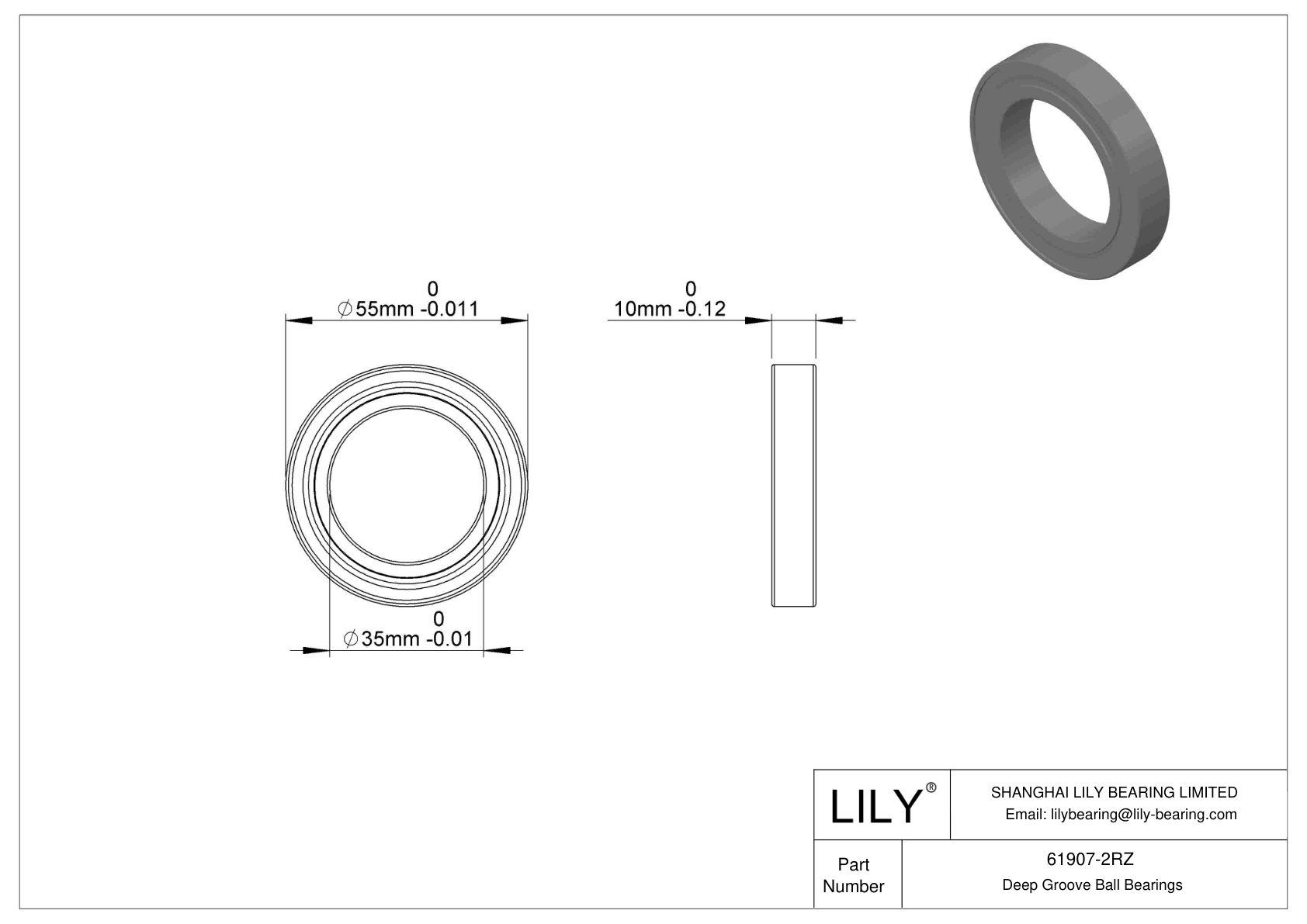 61907-2RZ Single Row Deep Groove Ball Bearings cad drawing