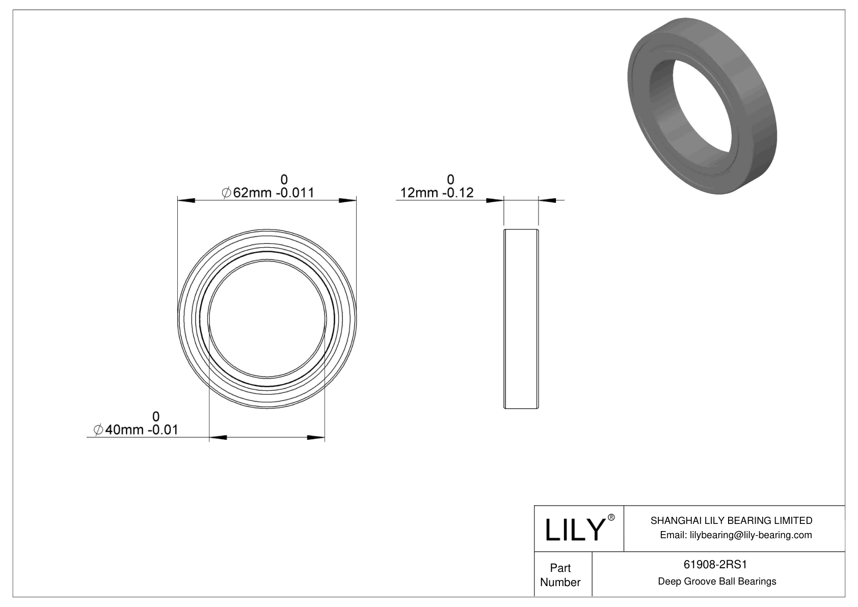 61908-2RS1 Single Row Deep Groove Ball Bearings cad drawing