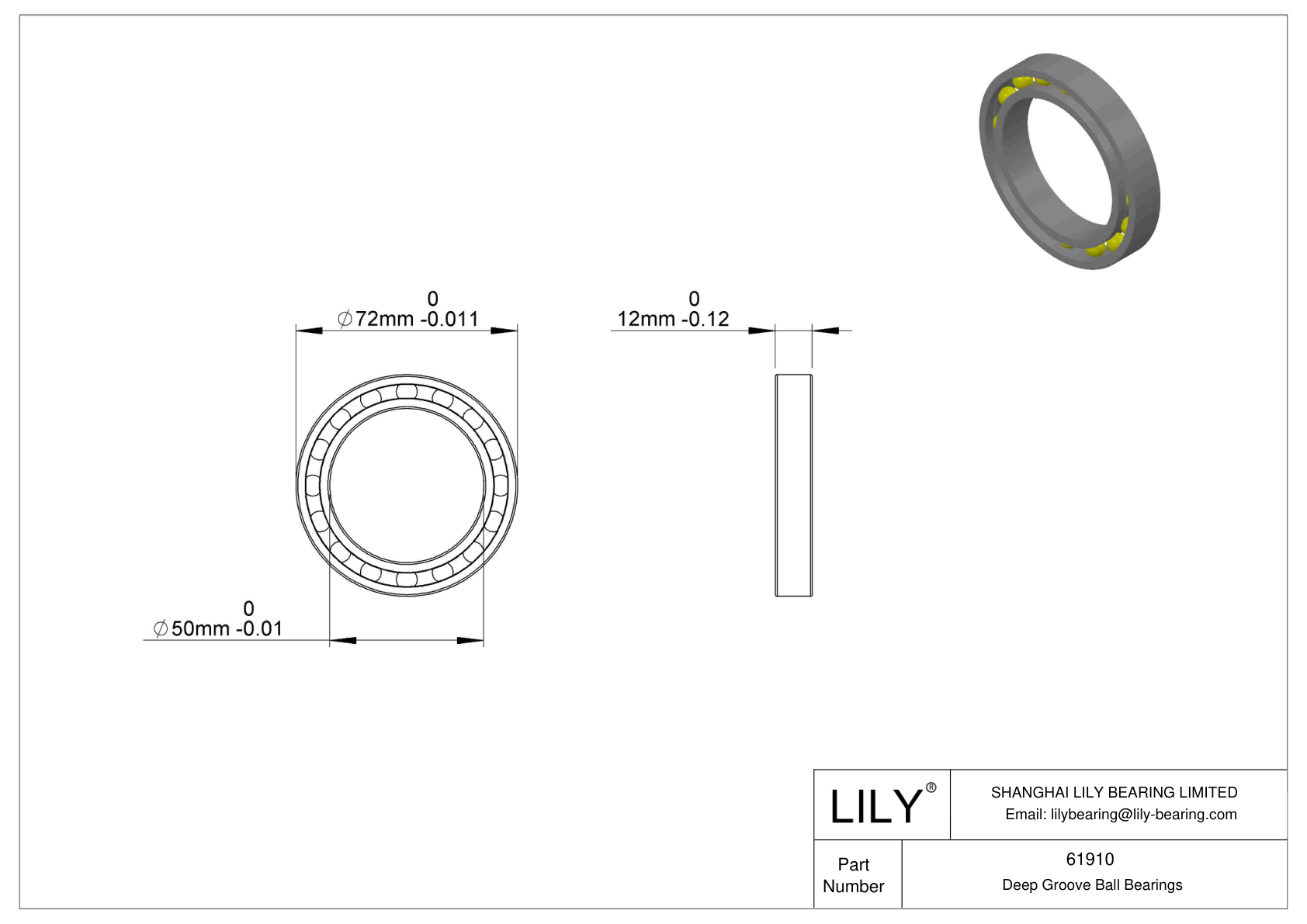 61910-2RZ/C3GJN Single Row Deep Groove Ball Bearings cad drawing