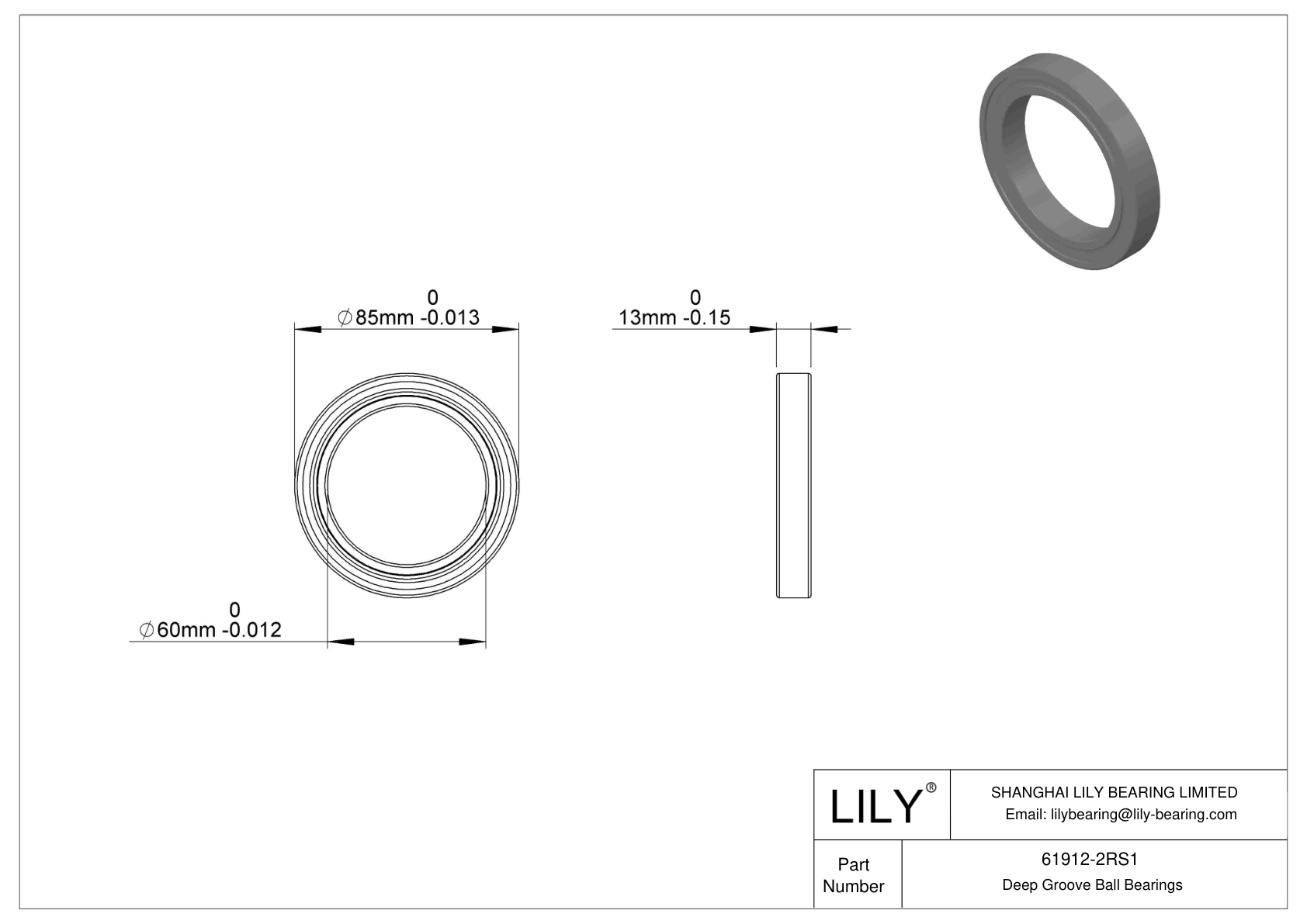 61912-2RS1 Single Row Deep Groove Ball Bearings cad drawing