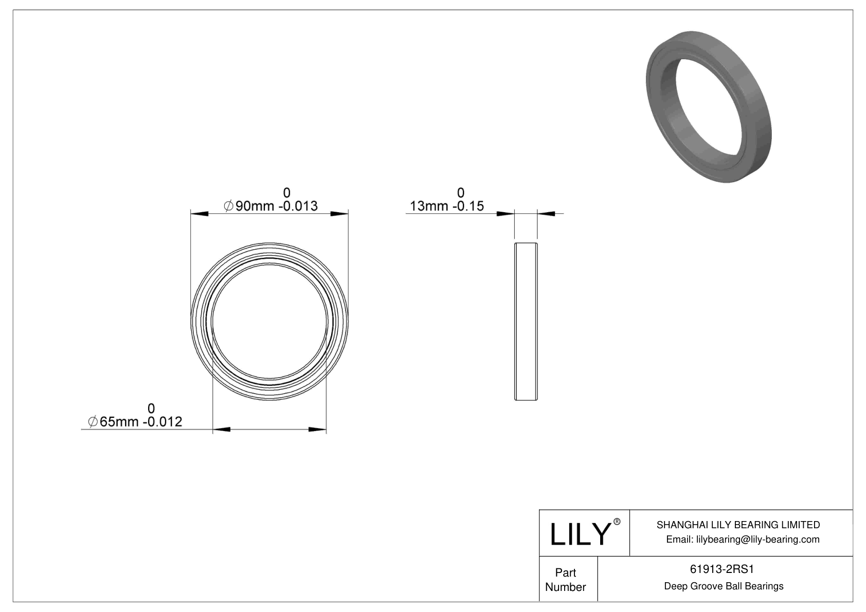 61913-2RS1 Single Row Deep Groove Ball Bearings cad drawing