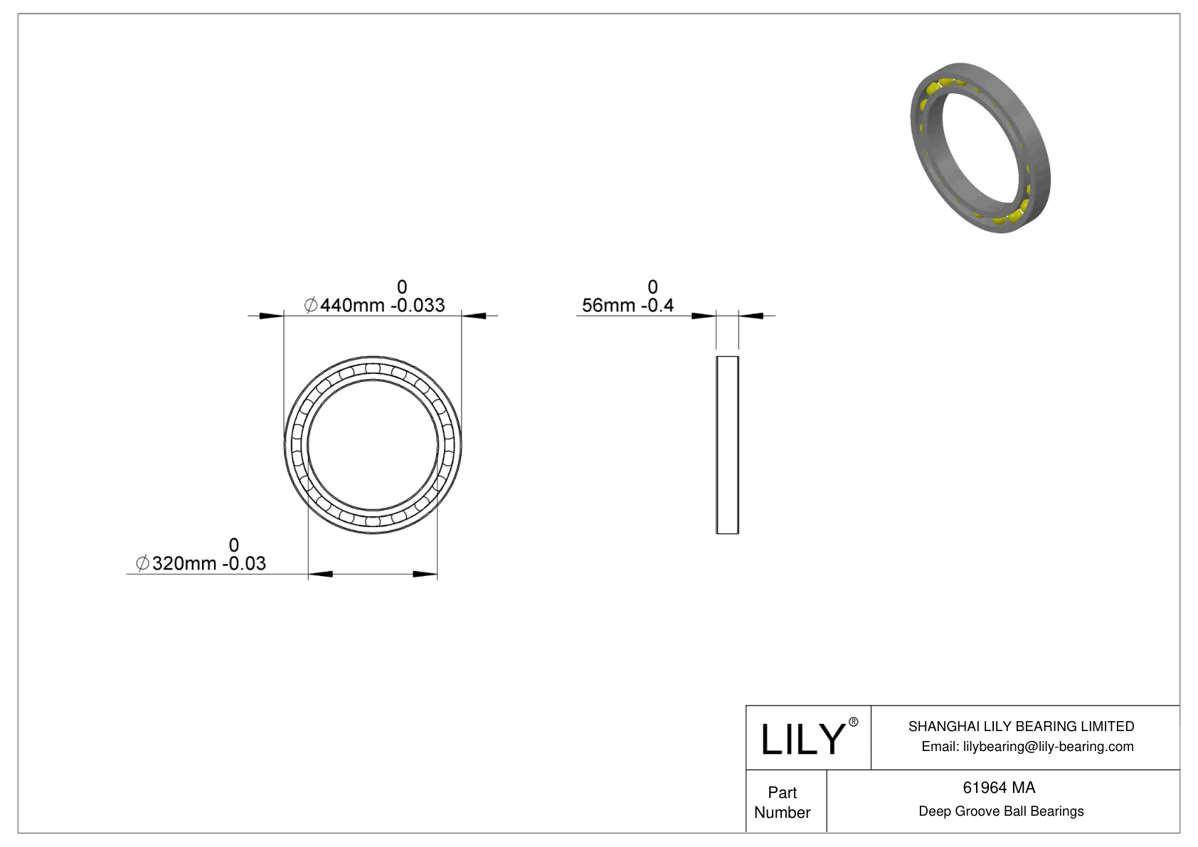 61964 MA/C3 Single Row Deep Groove Ball Bearings cad drawing