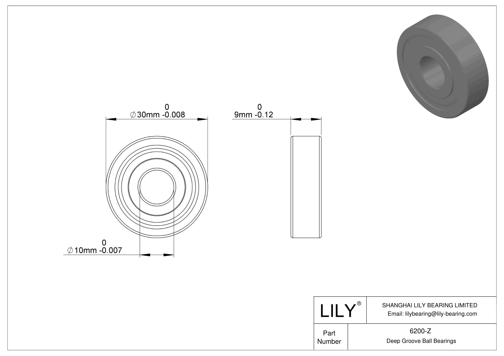 6200-Z Single Row Deep Groove Ball Bearings cad drawing