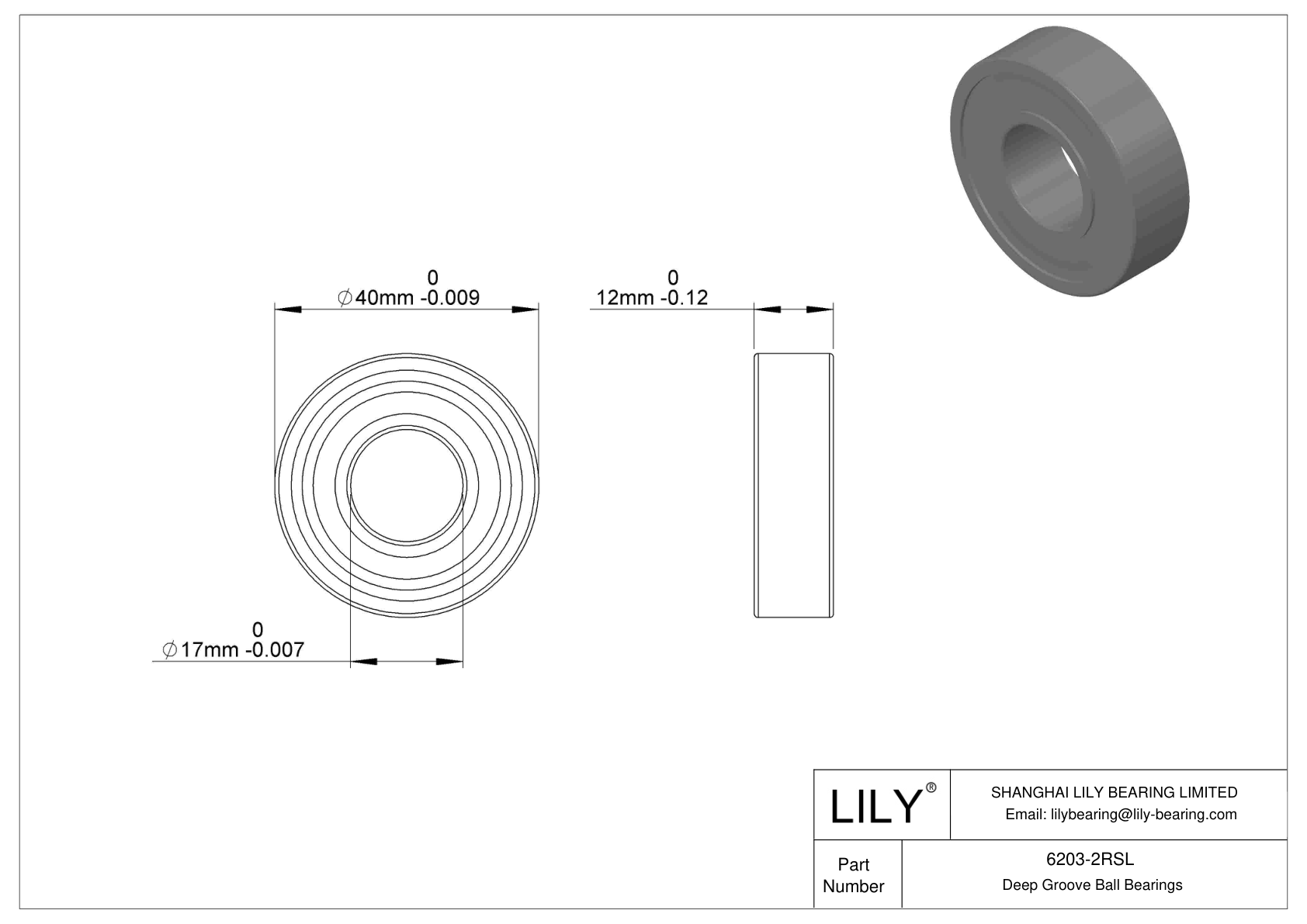 6203-2RSL Single Row Deep Groove Ball Bearings cad drawing