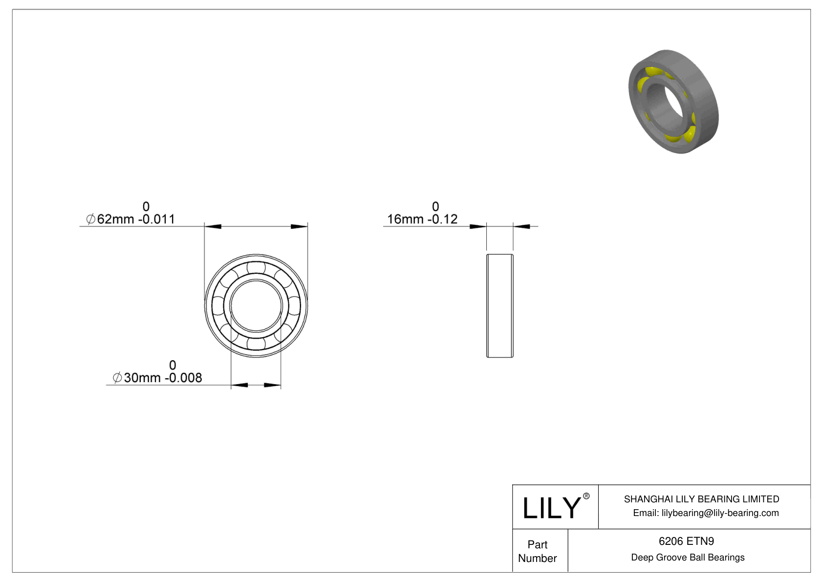 6206 ETN9/C3 Single Row Deep Groove Ball Bearings cad drawing