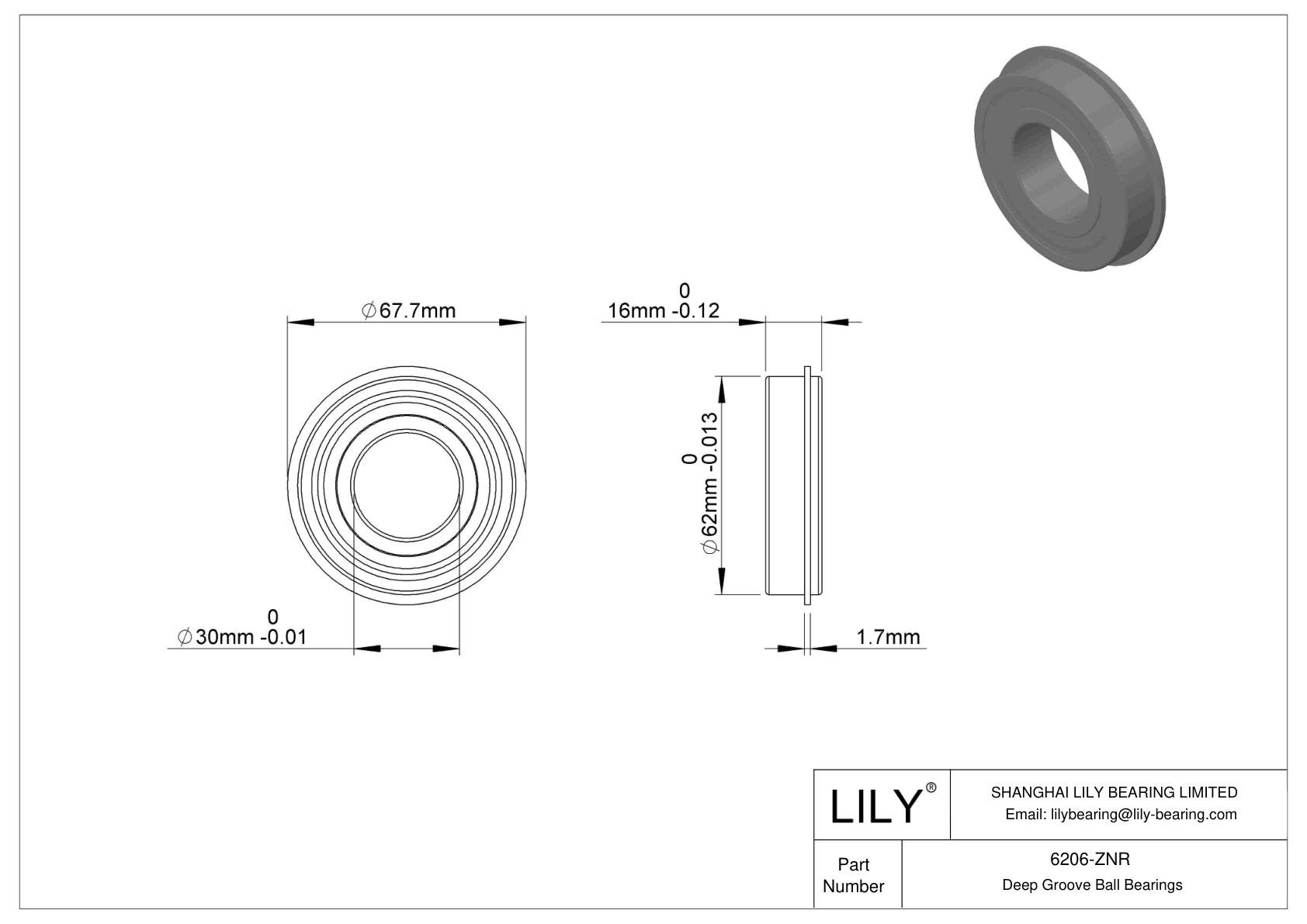 6206-ZNR Snap Ring Groove Ball Bearing cad drawing