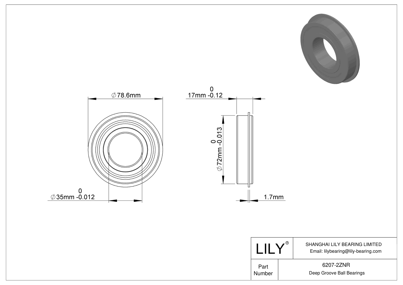 6207-2ZNR Snap Ring Groove Ball Bearing cad drawing