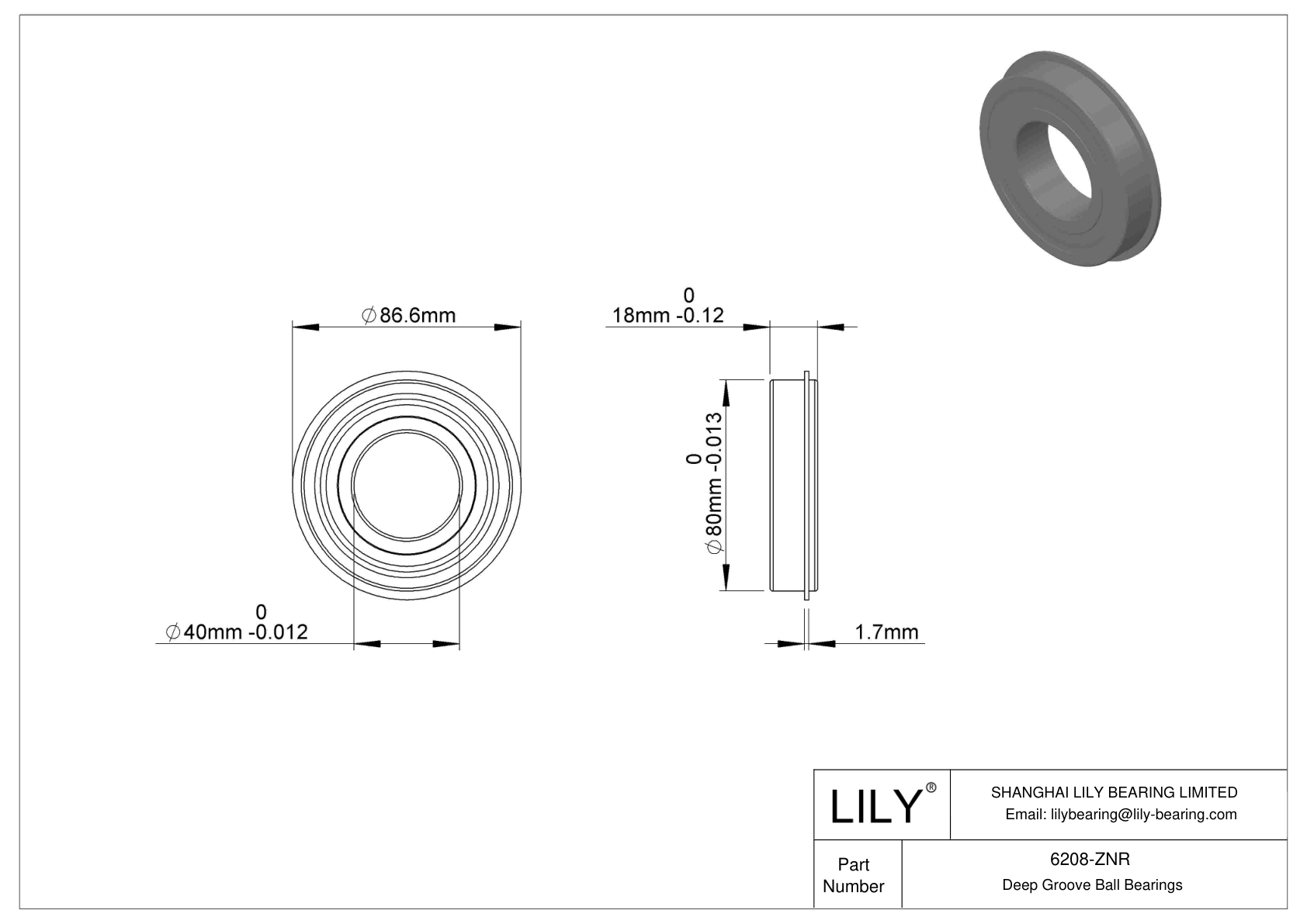 6208-ZNR Snap Ring Groove Ball Bearing cad drawing