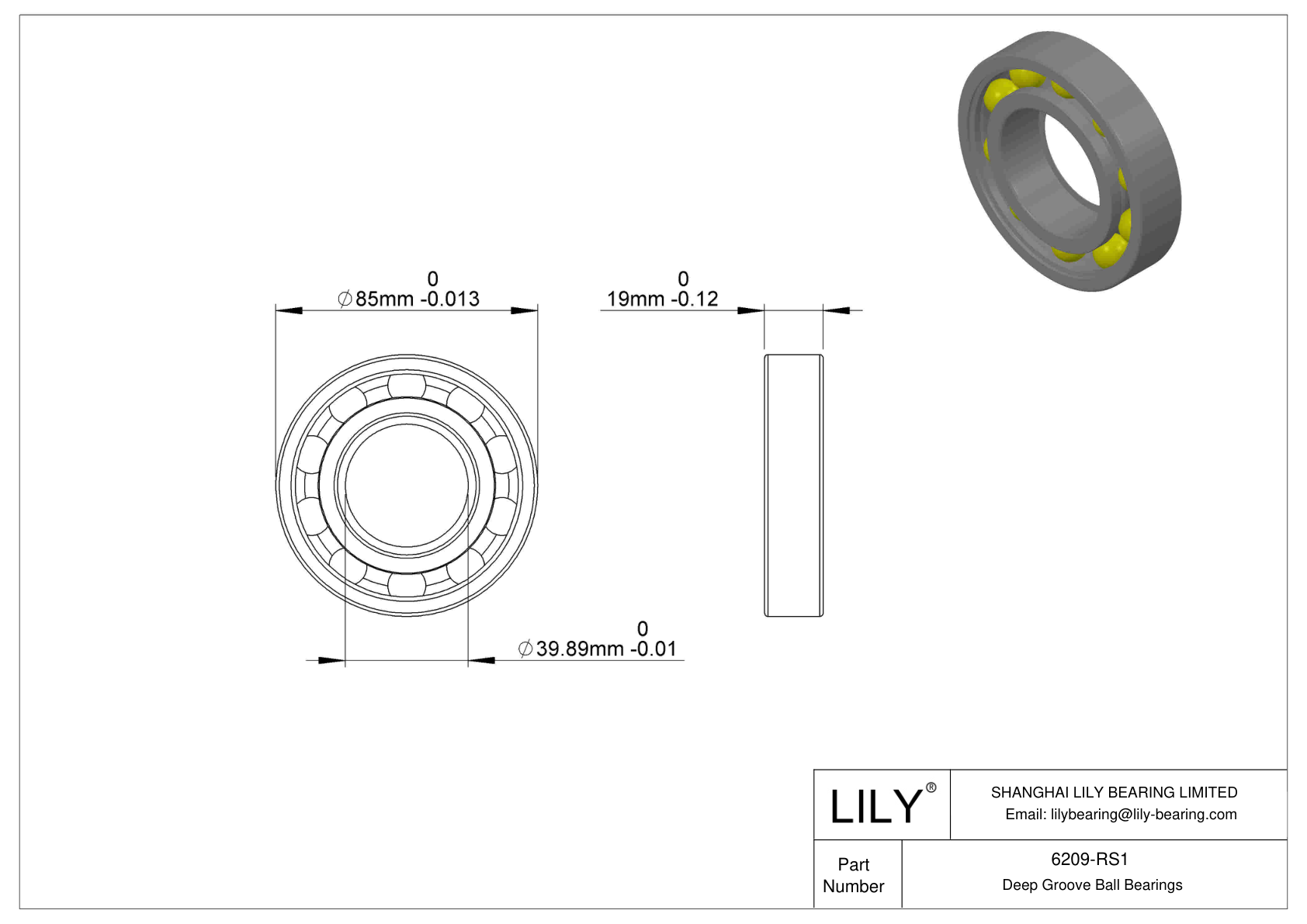 6209-RS1 Single Row Deep Groove Ball Bearings cad drawing