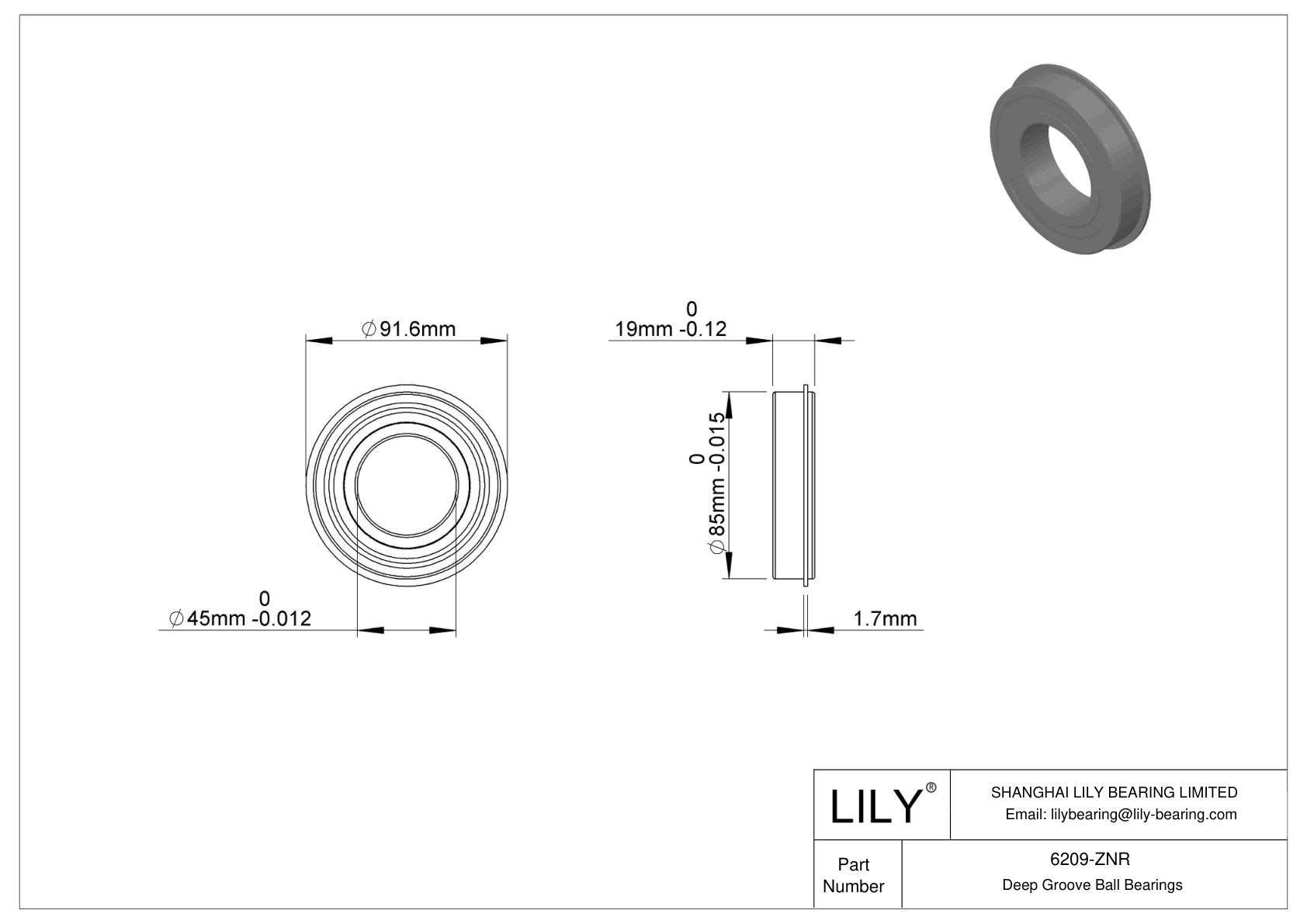6209-ZNR Snap Ring Groove Ball Bearing cad drawing