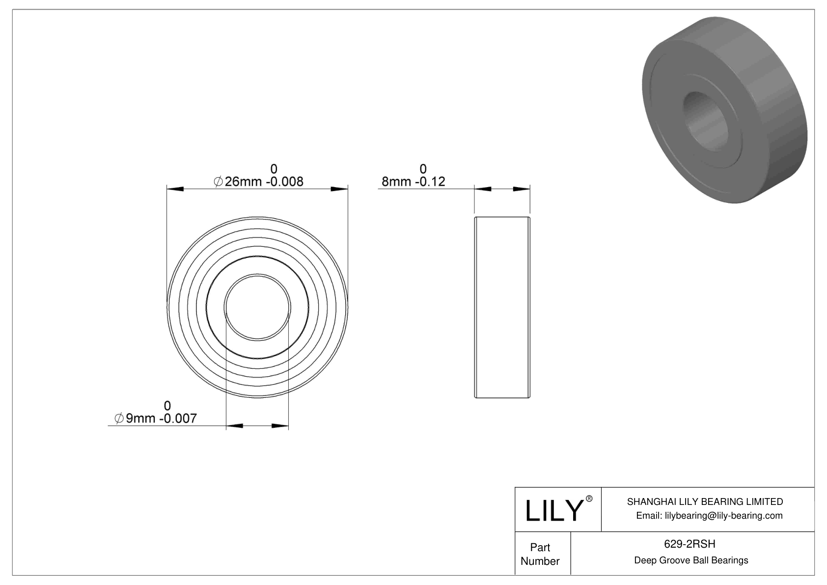 629-2RSH Single Row Deep Groove Ball Bearings cad drawing