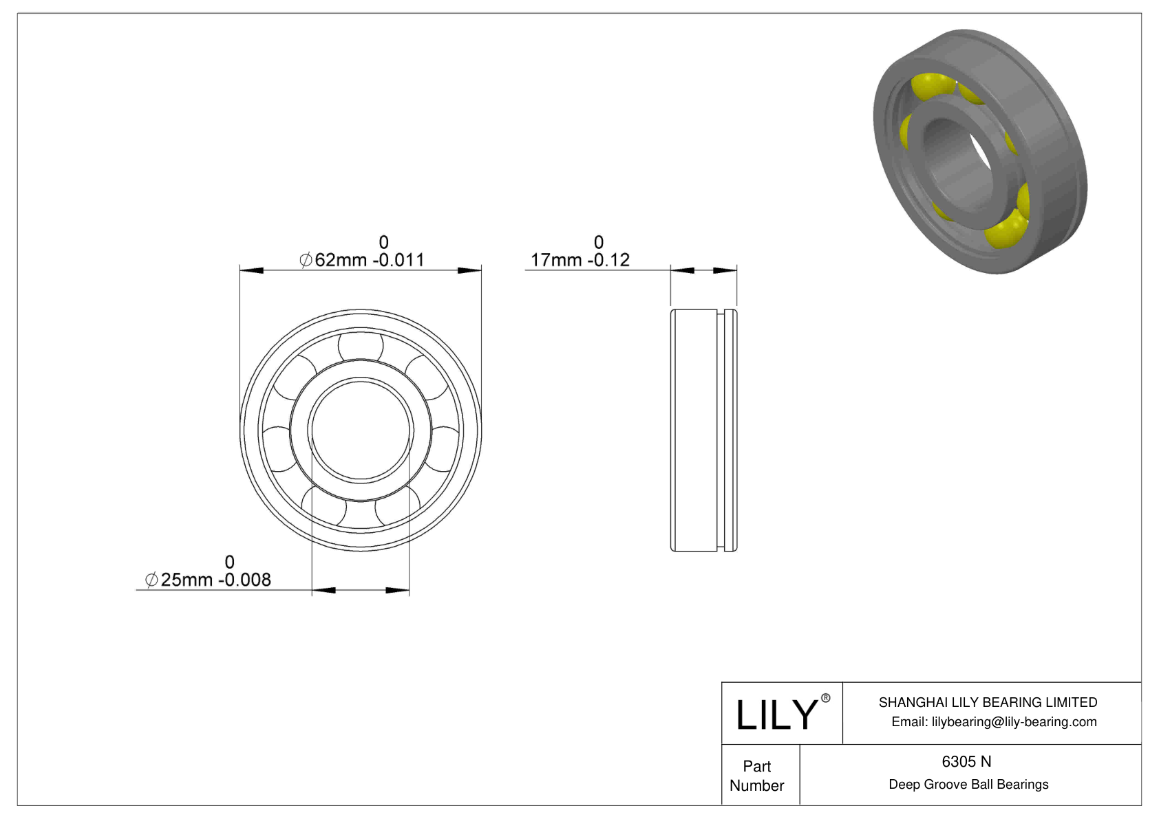 6305 N Snap Ring Groove Ball Bearing cad drawing