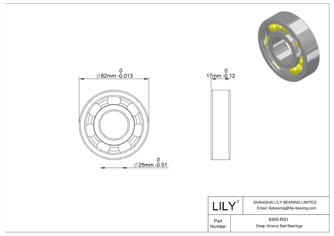 6305-RS1 Single Row Deep Groove Ball Bearings cad drawing