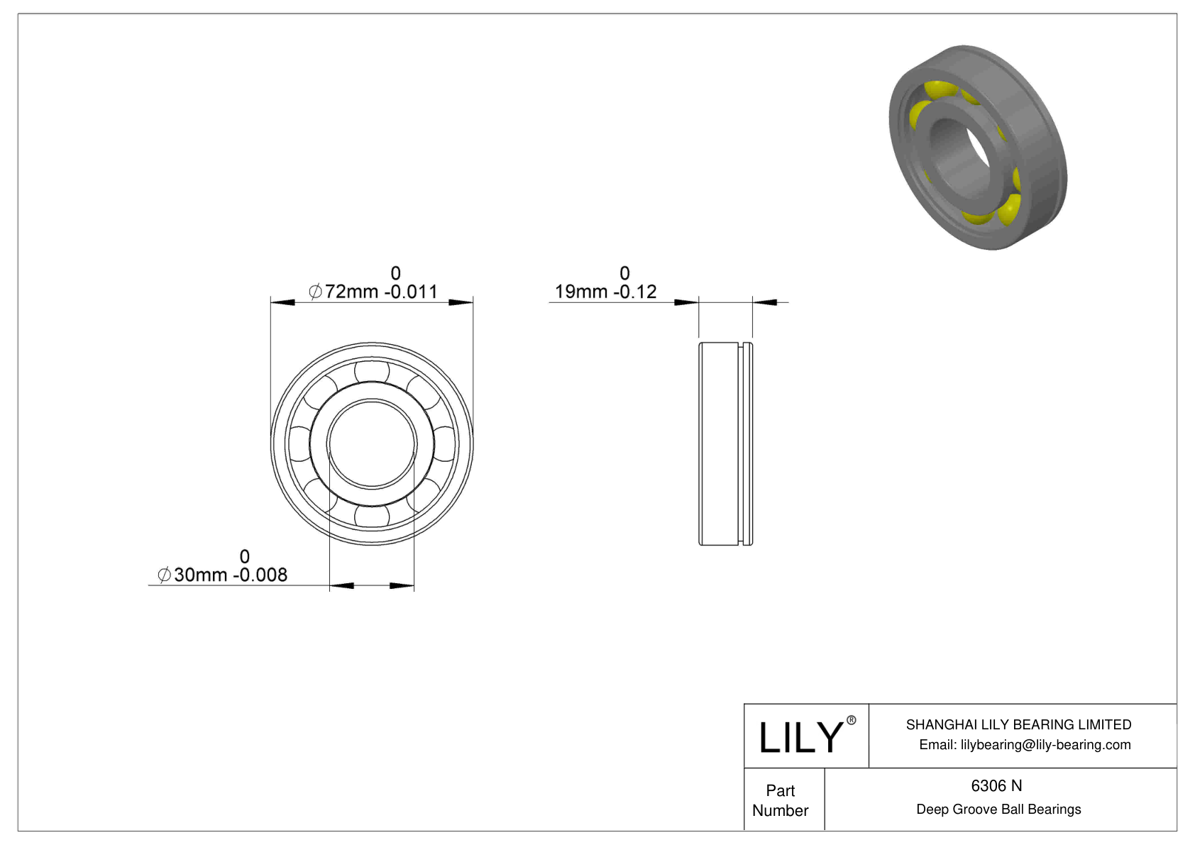 6306 N Snap Ring Groove Ball Bearing cad drawing