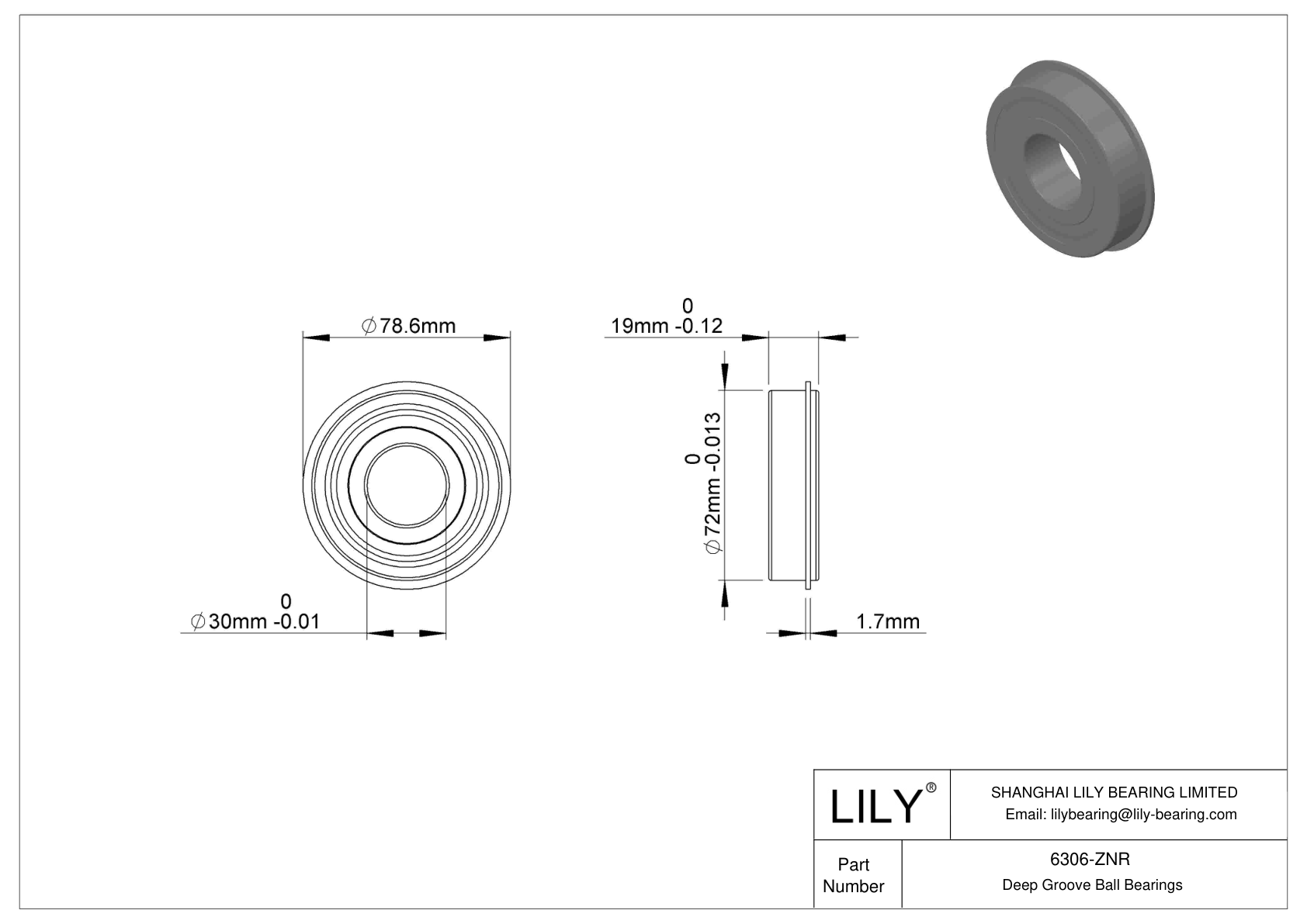 6306-ZNR Snap Ring Groove Ball Bearing cad drawing