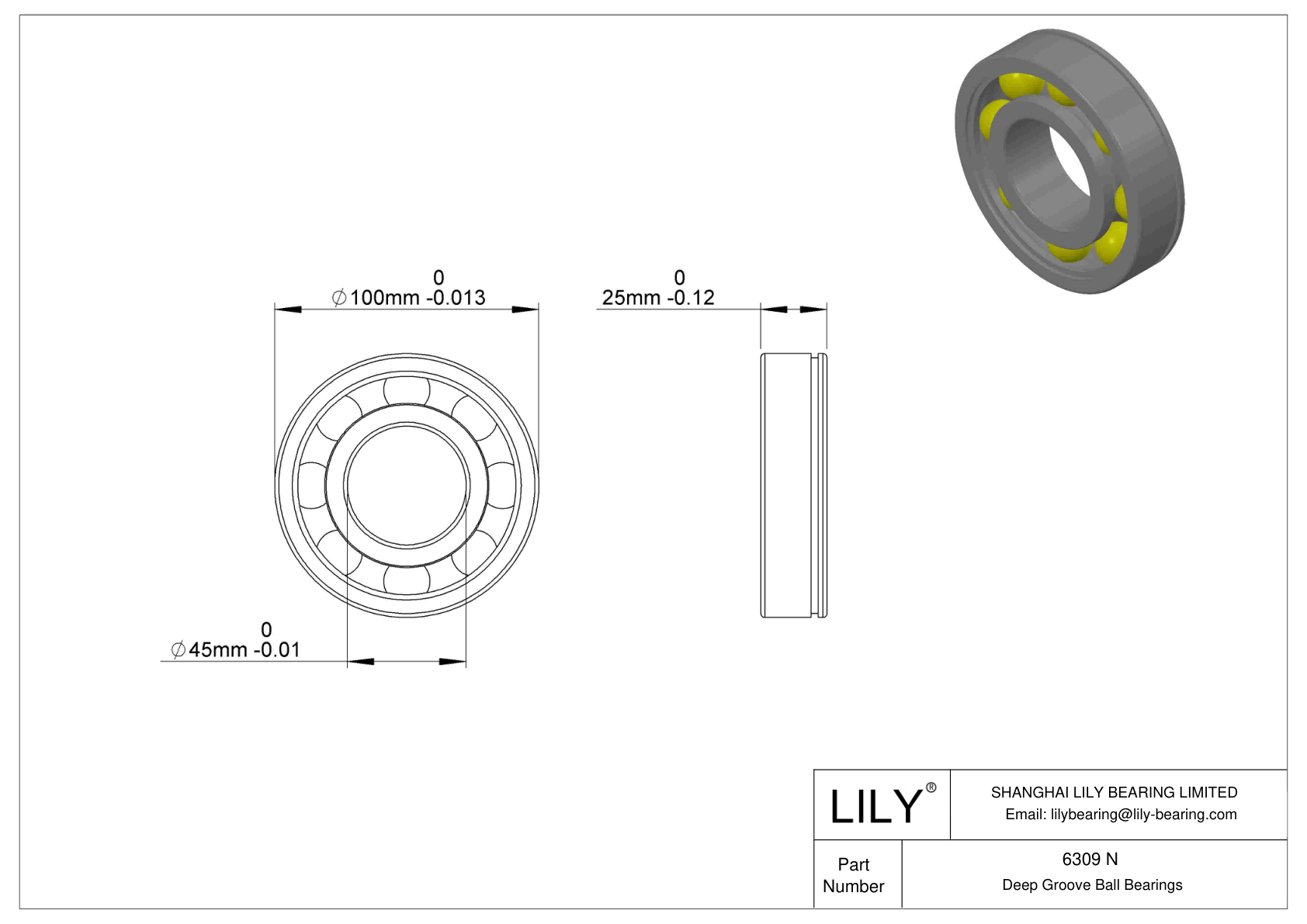 6309 N Snap Ring Groove Ball Bearing cad drawing