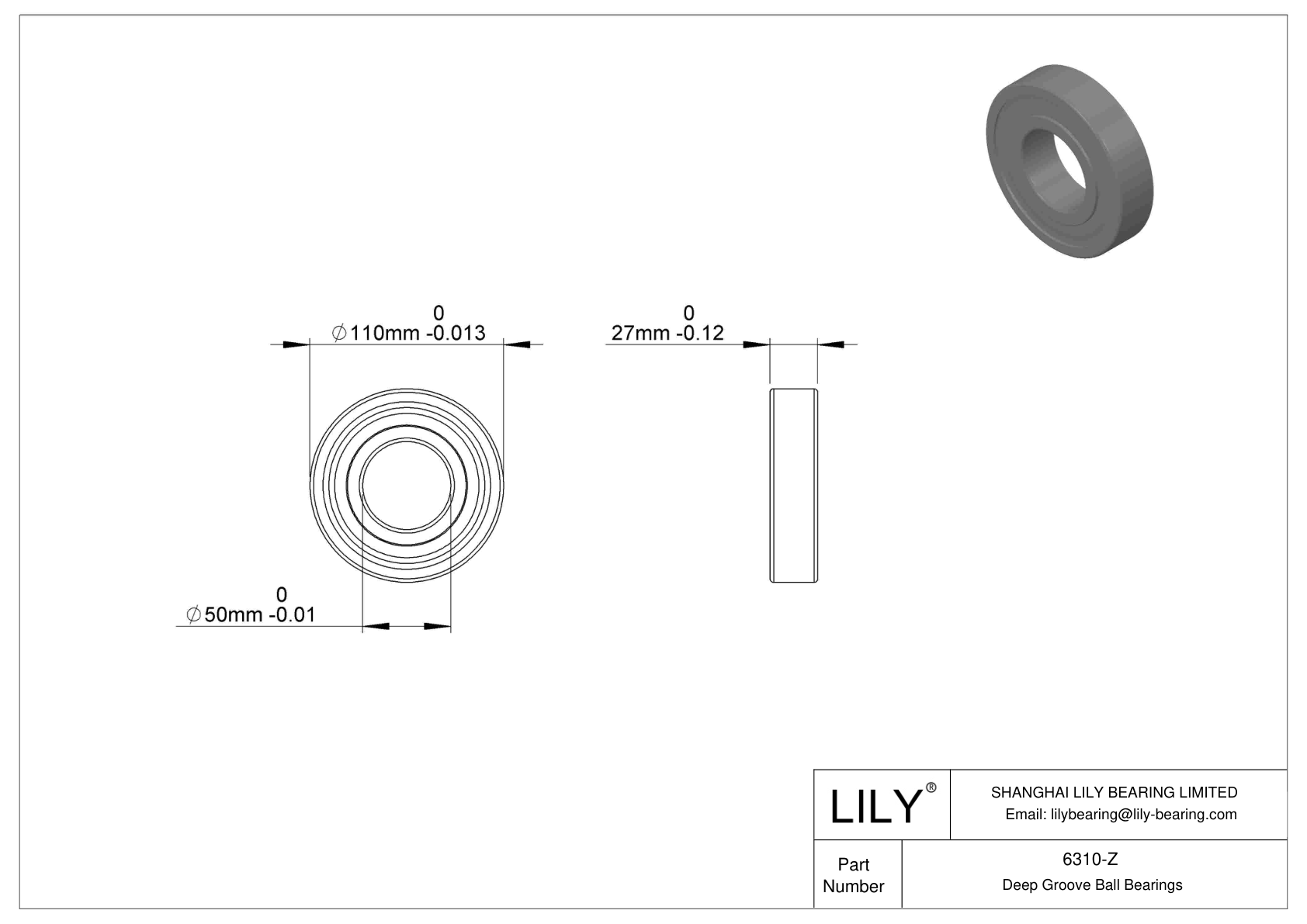 6310-Z | Rodamientos rígidos de bolas de una hilera - SKF | LILY Bearing