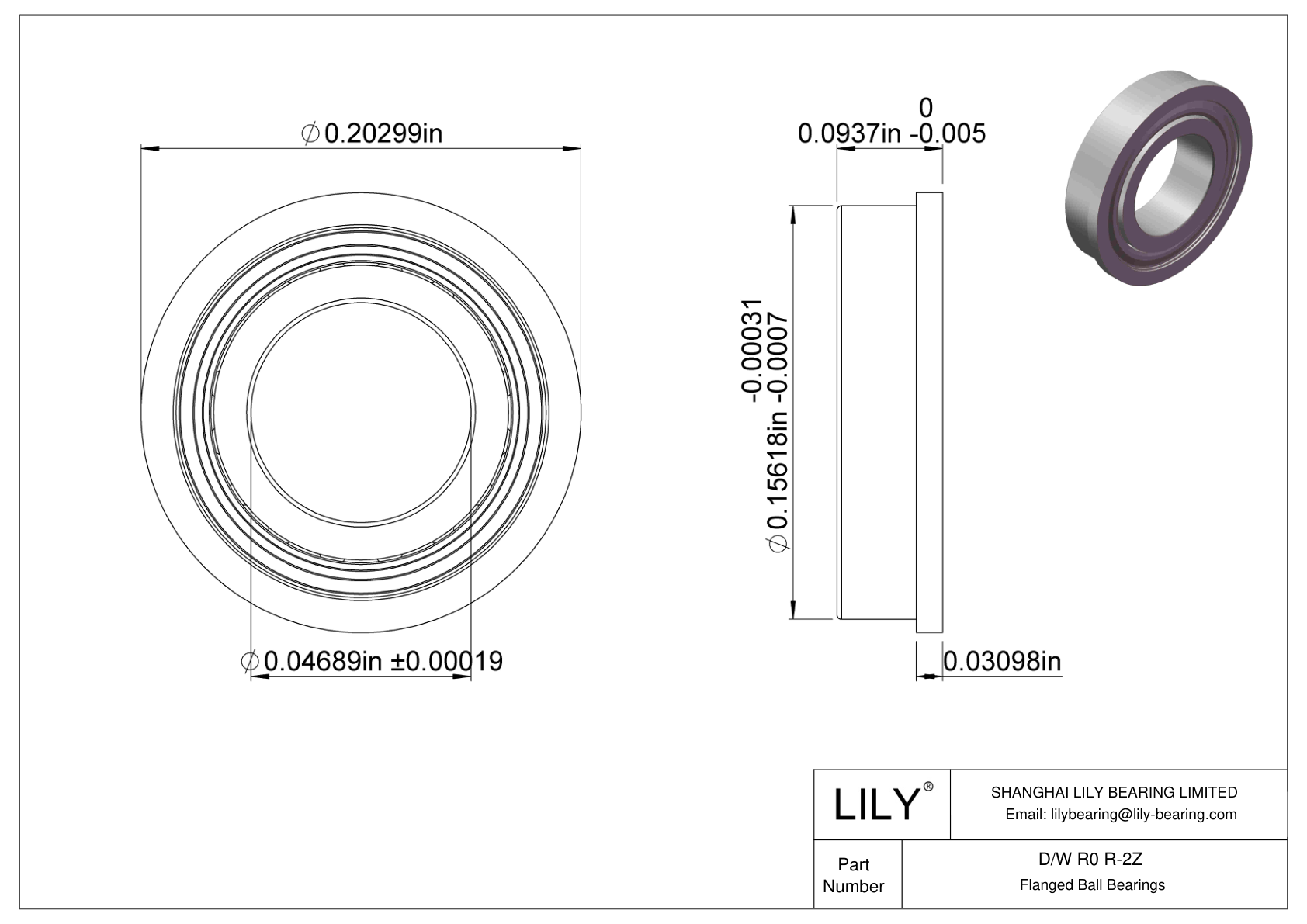 D/W R0 R-2Z Rodamientos de bolas con pestaña cad drawing